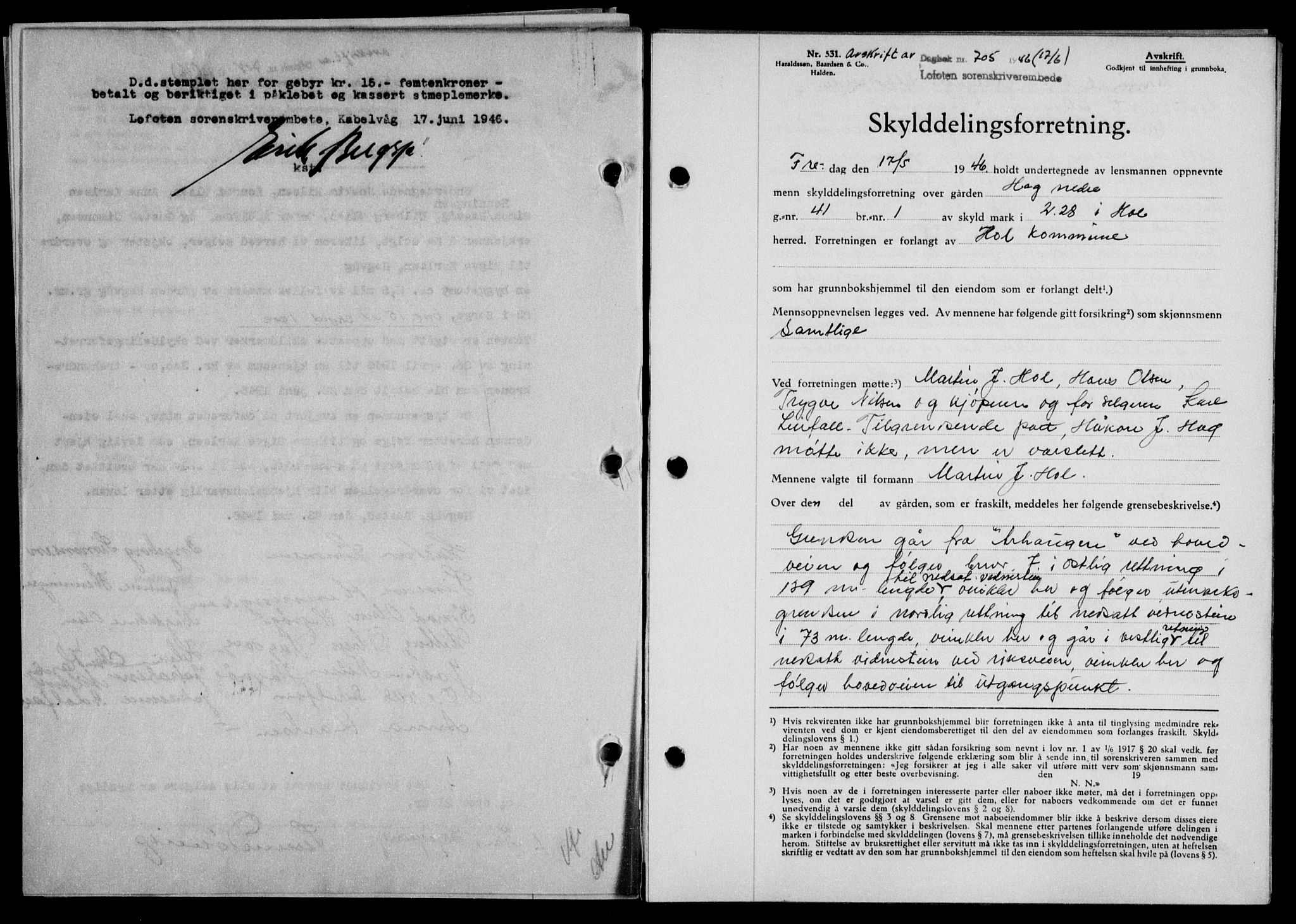 Lofoten sorenskriveri, SAT/A-0017/1/2/2C/L0014a: Mortgage book no. 14a, 1946-1946, Diary no: : 705/1946