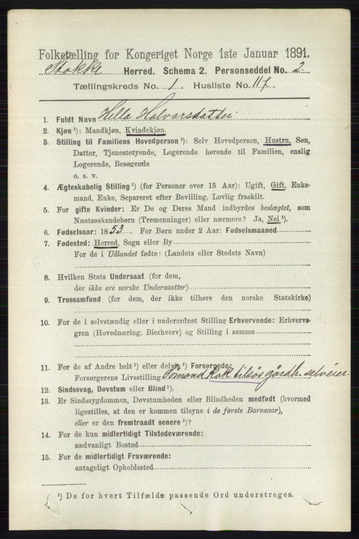 RA, 1891 census for 0720 Stokke, 1891, p. 855