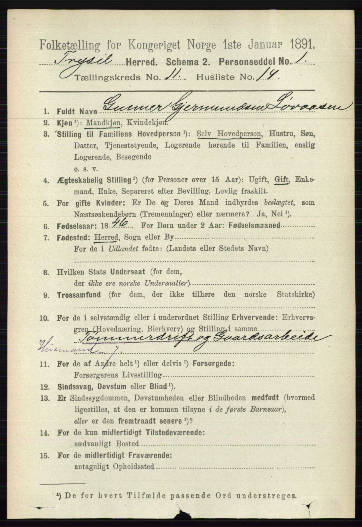 RA, 1891 census for 0428 Trysil, 1891, p. 5605