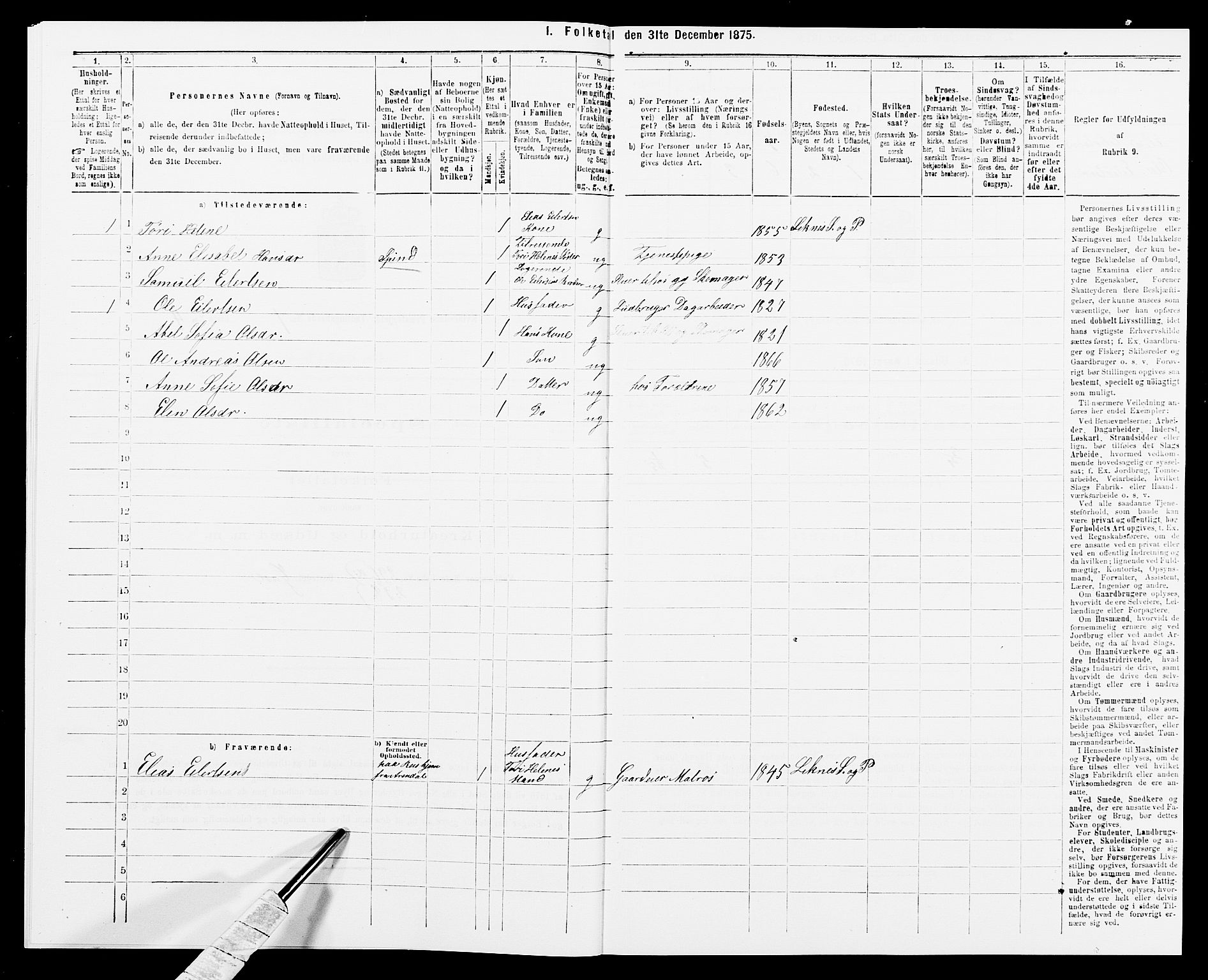 SAK, 1875 census for 1037P Kvinesdal, 1875, p. 98