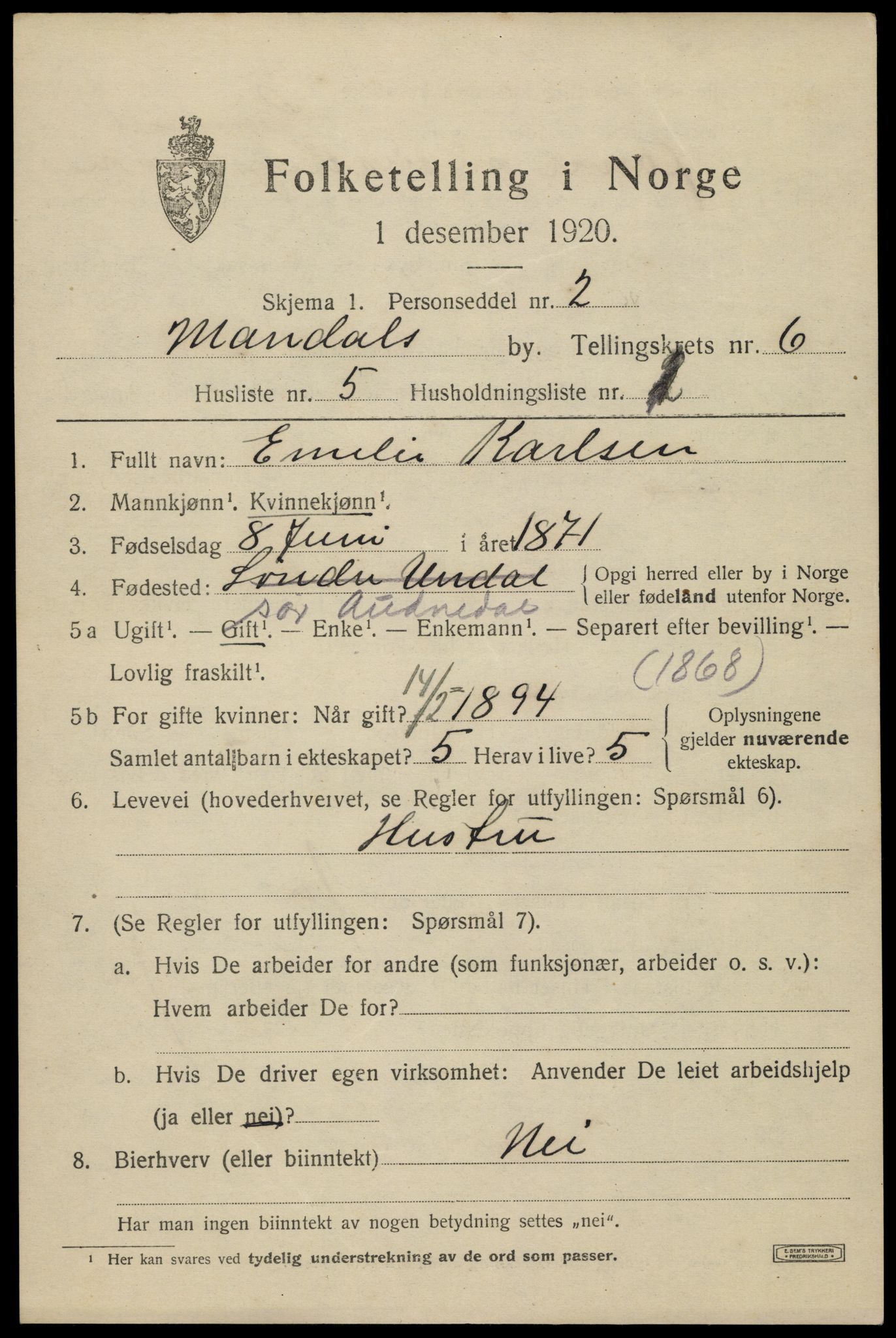 SAK, 1920 census for Mandal, 1920, p. 9155
