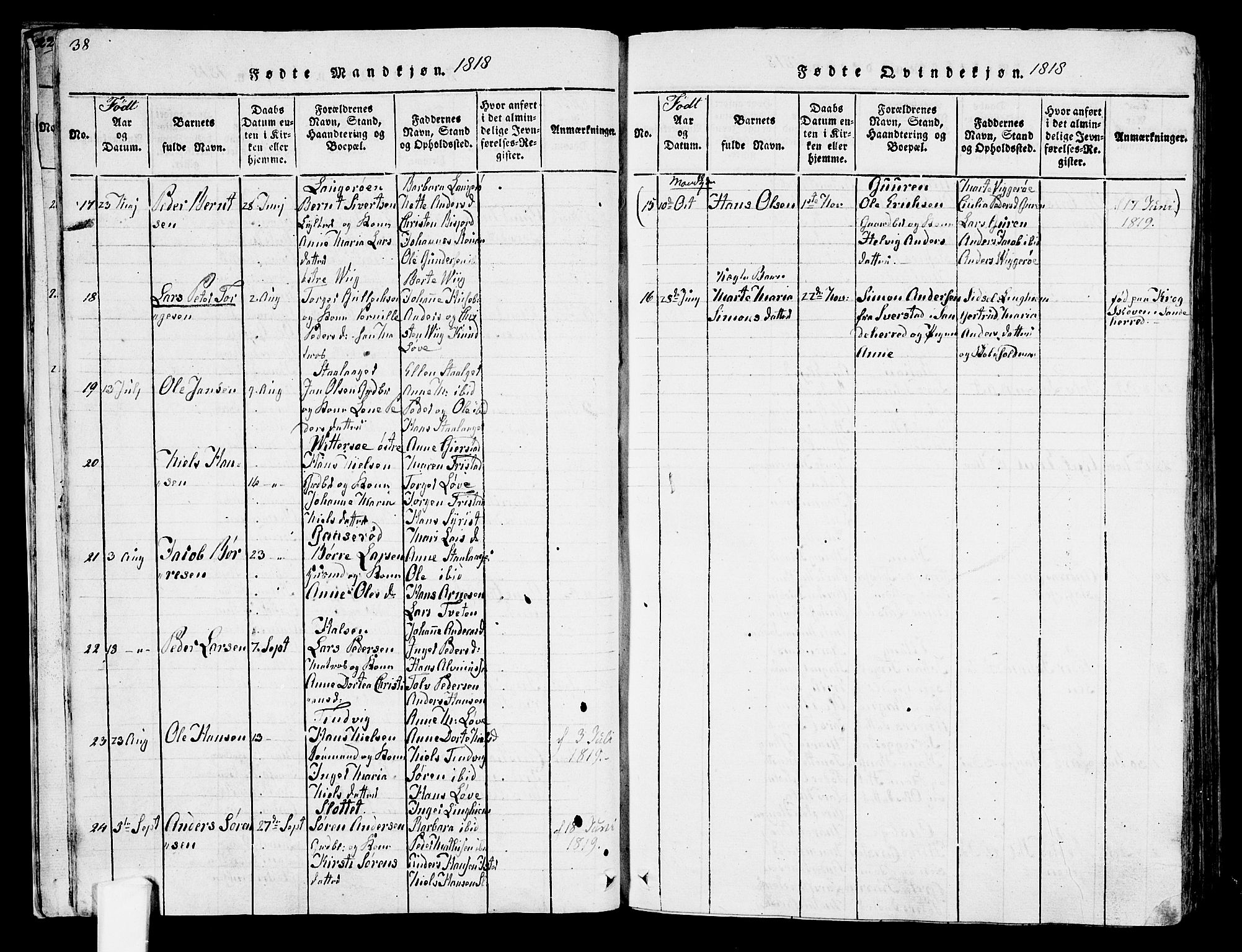 Tjølling kirkebøker, SAKO/A-60/F/Fa/L0005: Parish register (official) no. 5, 1814-1836, p. 38-39