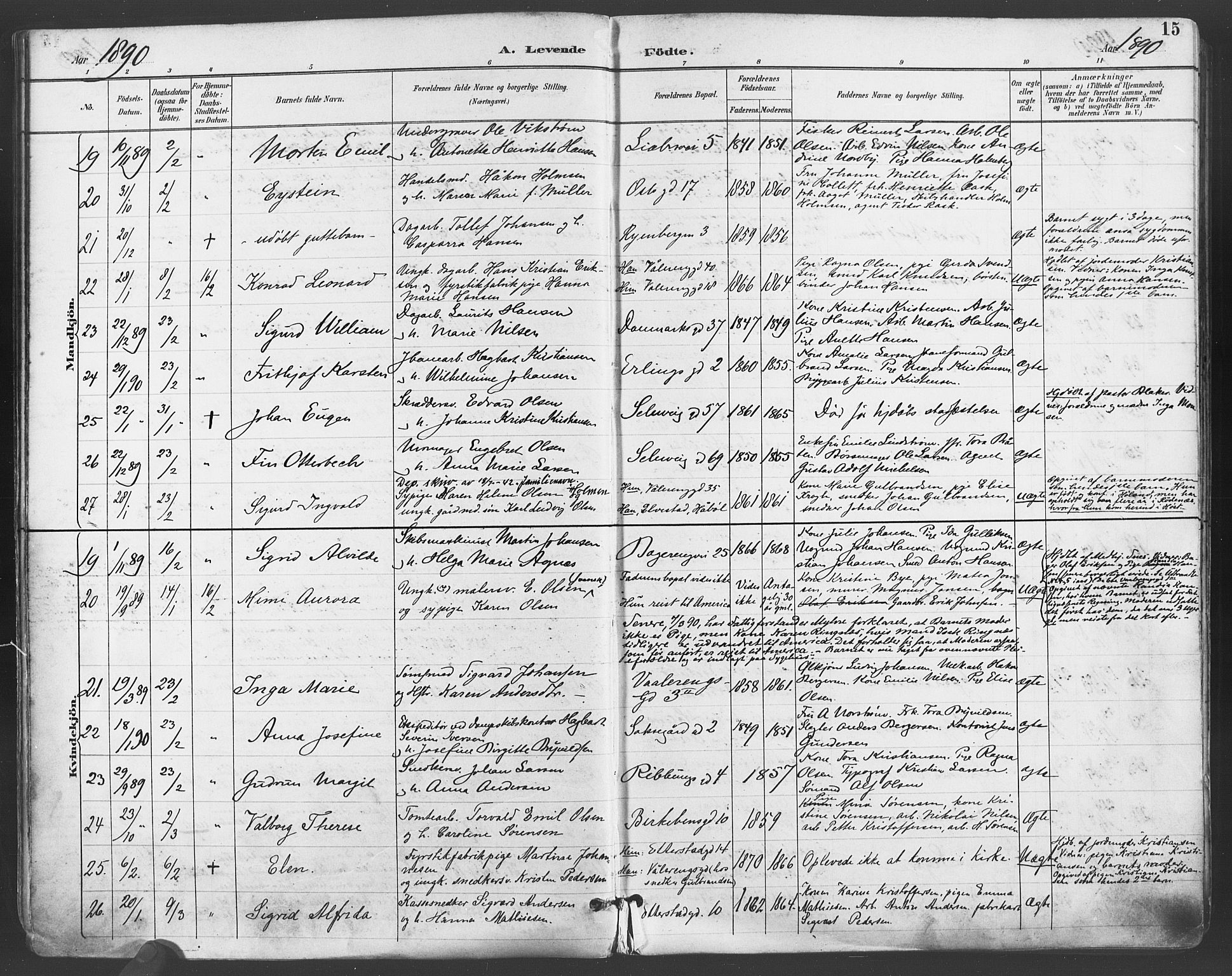 Gamlebyen prestekontor Kirkebøker, AV/SAO-A-10884/F/Fa/L0007: Parish register (official) no. 7, 1889-1899, p. 15