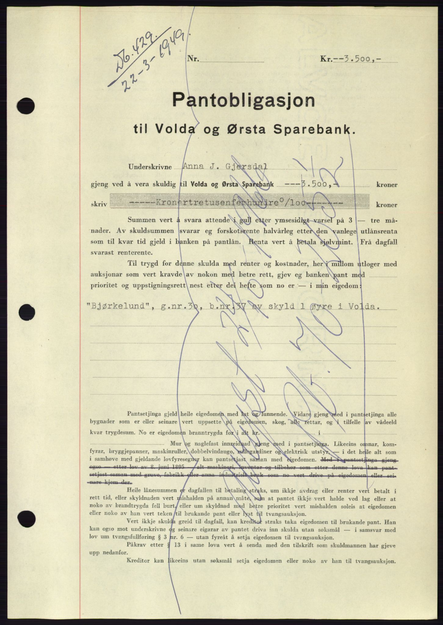 Søre Sunnmøre sorenskriveri, AV/SAT-A-4122/1/2/2C/L0116: Mortgage book no. 4B, 1948-1949, Diary no: : 429/1949