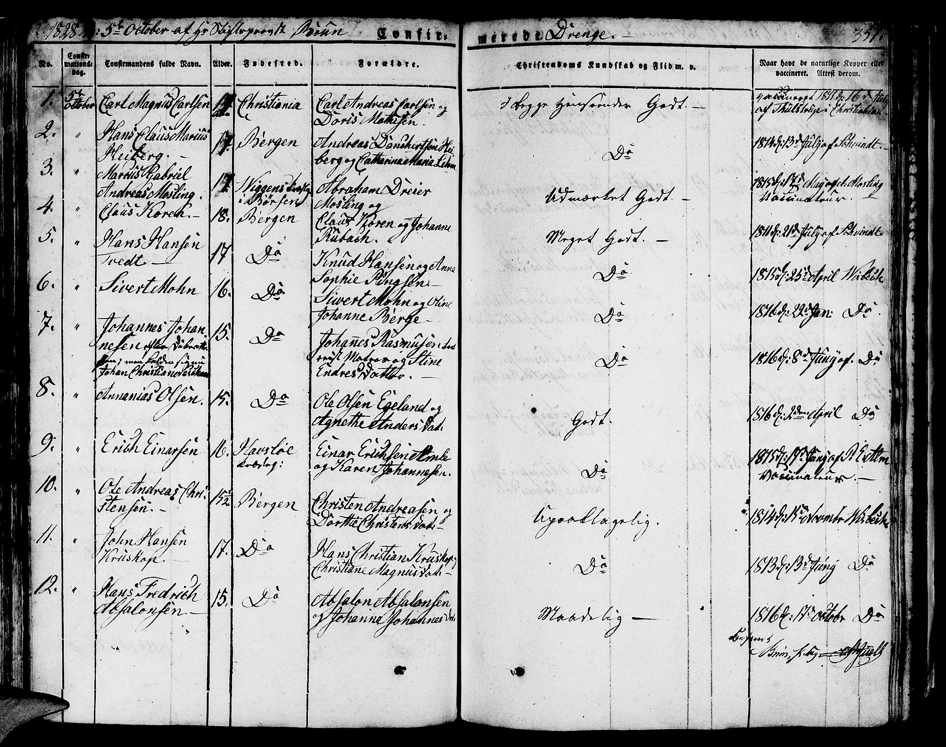 Domkirken sokneprestembete, SAB/A-74801/H/Hab/L0002: Parish register (copy) no. A 2, 1821-1839, p. 351