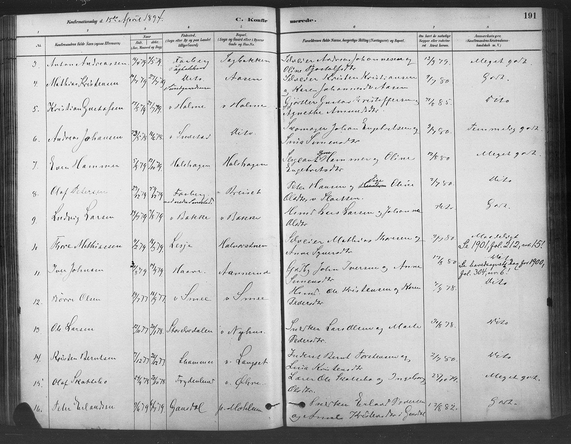 Fåberg prestekontor, SAH/PREST-086/H/Ha/Haa/L0009: Parish register (official) no. 9, 1879-1898, p. 191