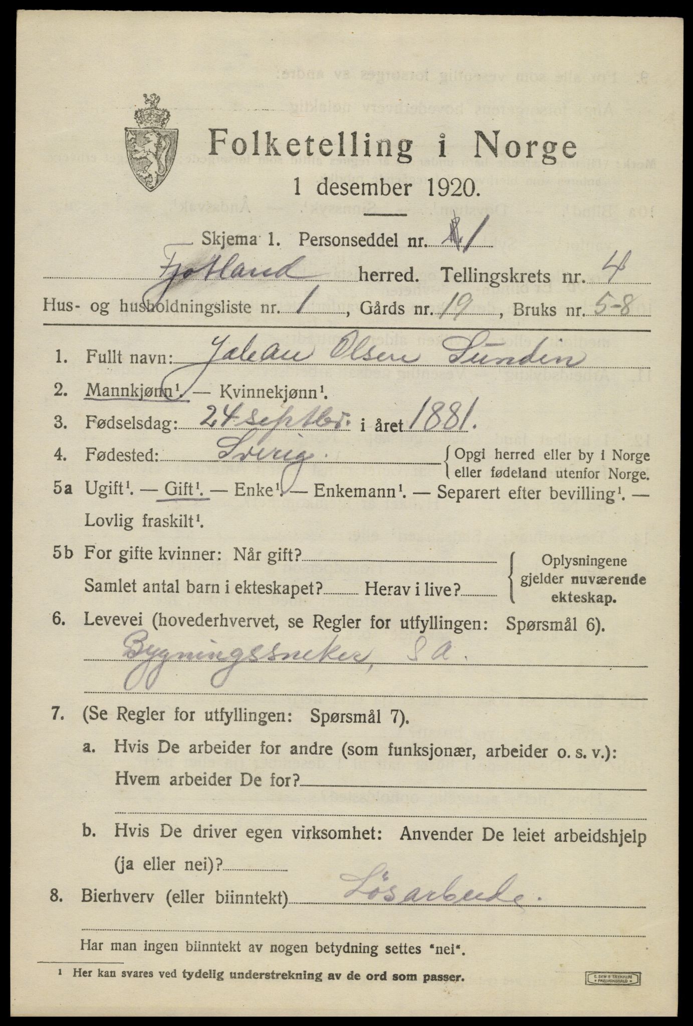 SAK, 1920 census for Fjotland, 1920, p. 1190