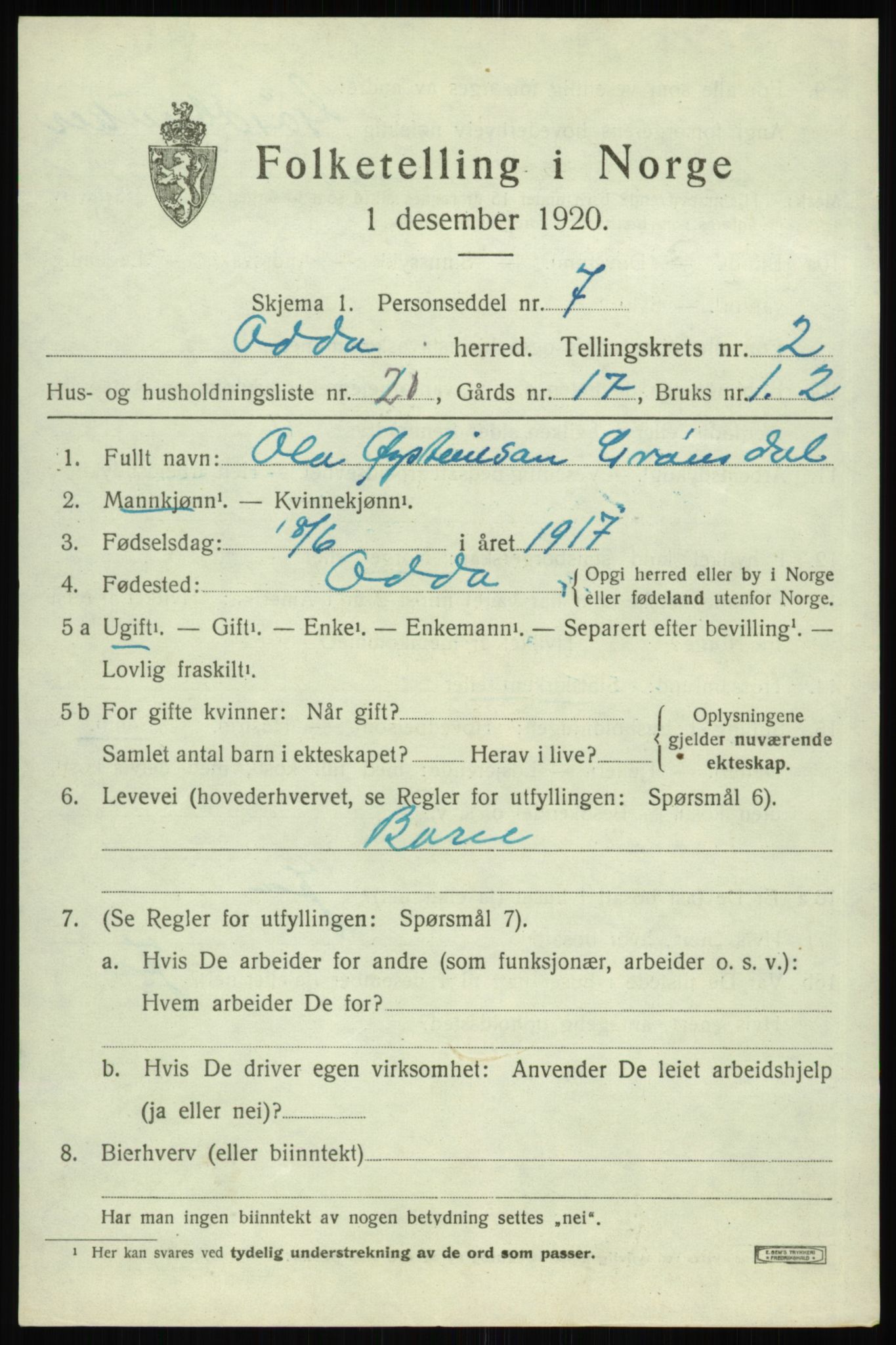 SAB, 1920 census for Odda, 1920, p. 2137