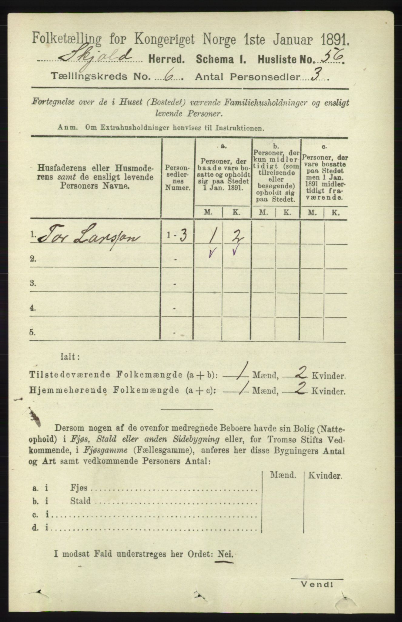 RA, 1891 census for 1154 Skjold, 1891, p. 1005