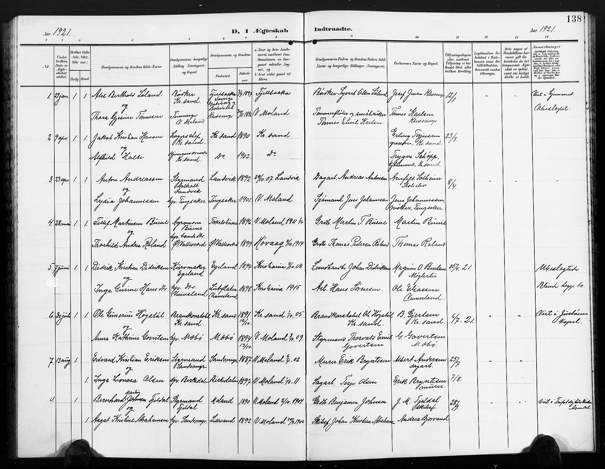 Vestre Moland sokneprestkontor, SAK/1111-0046/F/Fb/Fbb/L0007: Parish register (copy) no. B 7, 1906-1929, p. 138