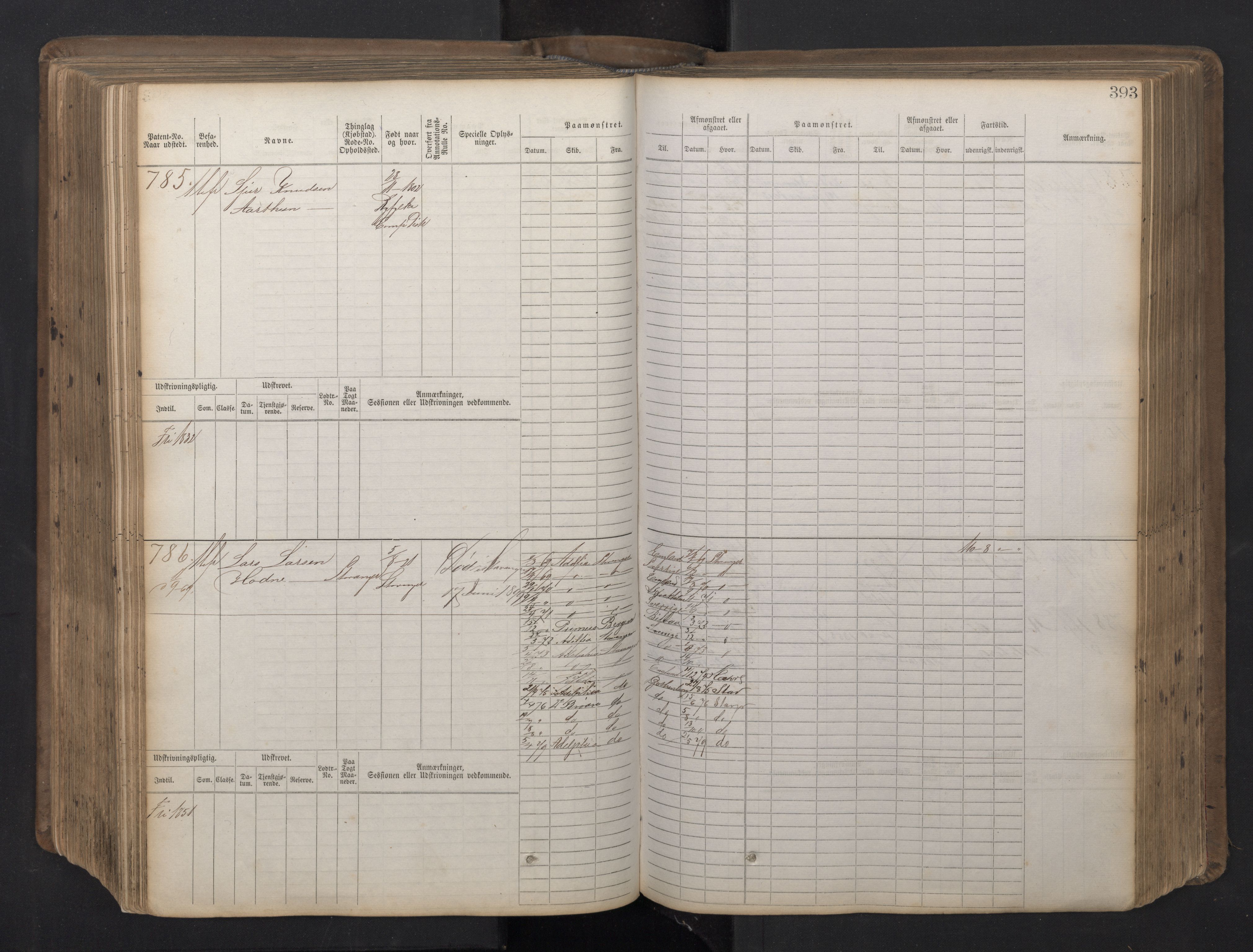 Stavanger sjømannskontor, AV/SAST-A-102006/F/Fb/Fbb/L0016: Sjøfartshovedrulle patnentnr. 1-1202 (dublett), 1869, p. 393