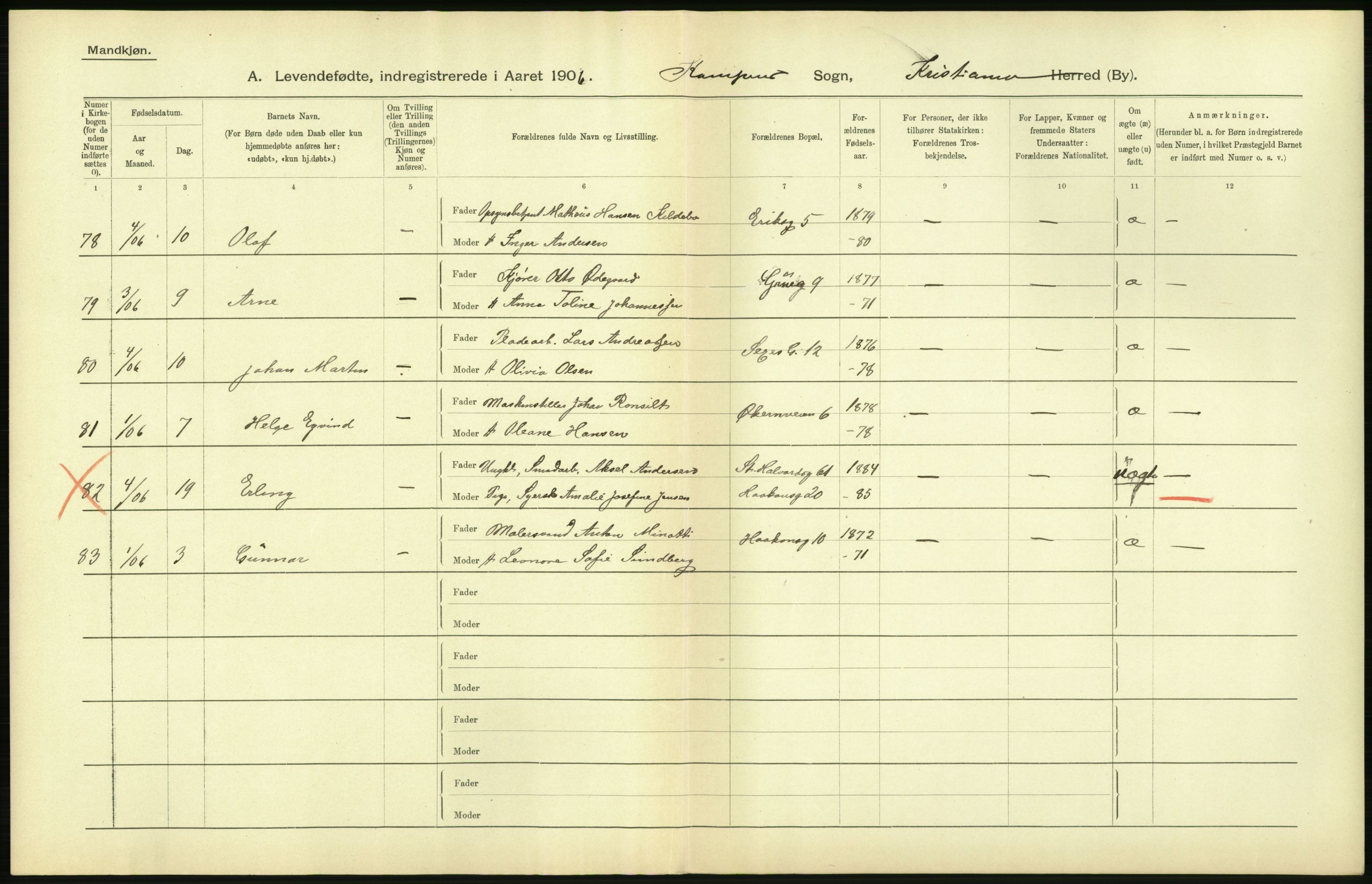 Statistisk sentralbyrå, Sosiodemografiske emner, Befolkning, AV/RA-S-2228/D/Df/Dfa/Dfad/L0007: Kristiania: Levendefødte menn og kvinner., 1906, p. 710