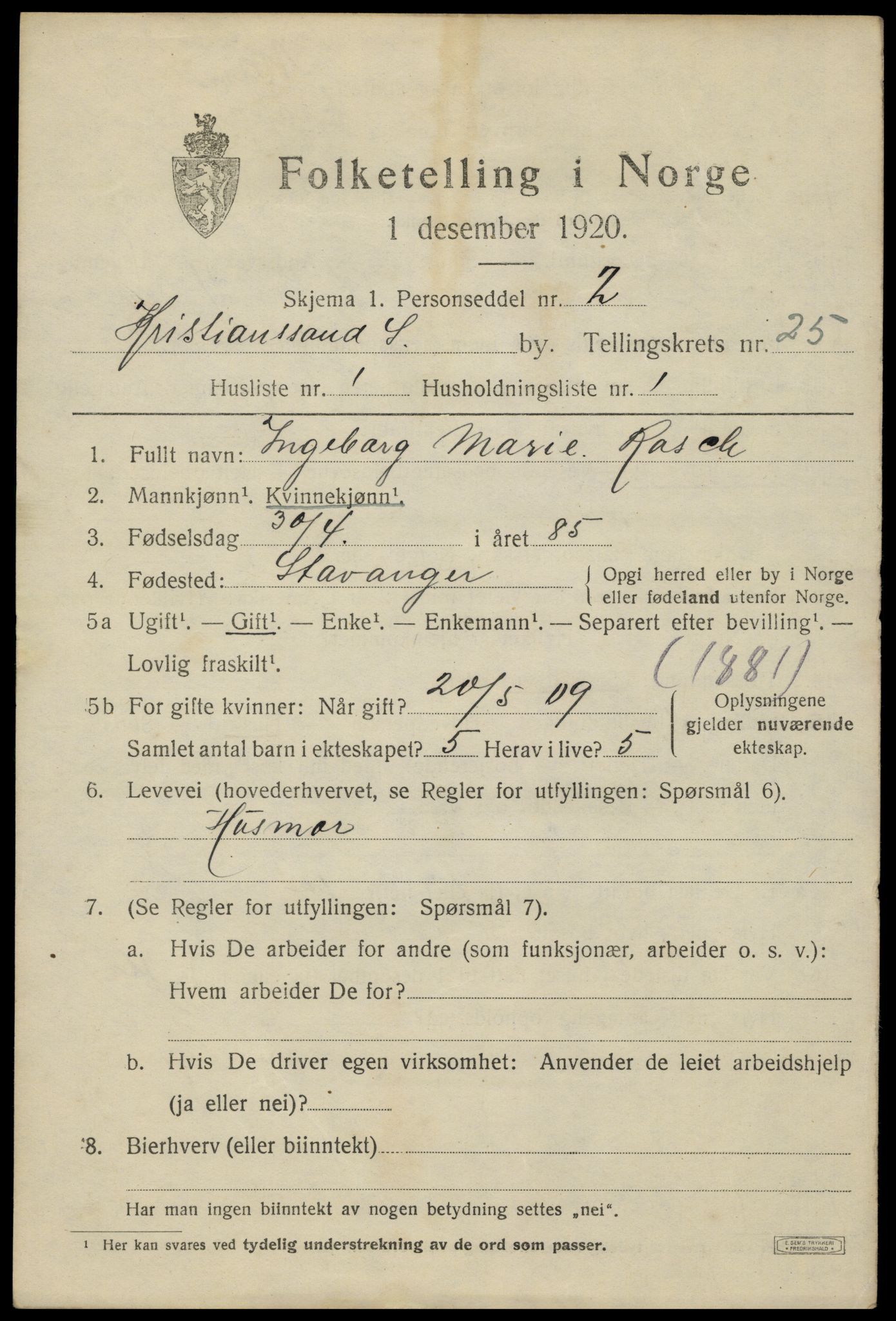 SAK, 1920 census for Kristiansand, 1920, p. 43635