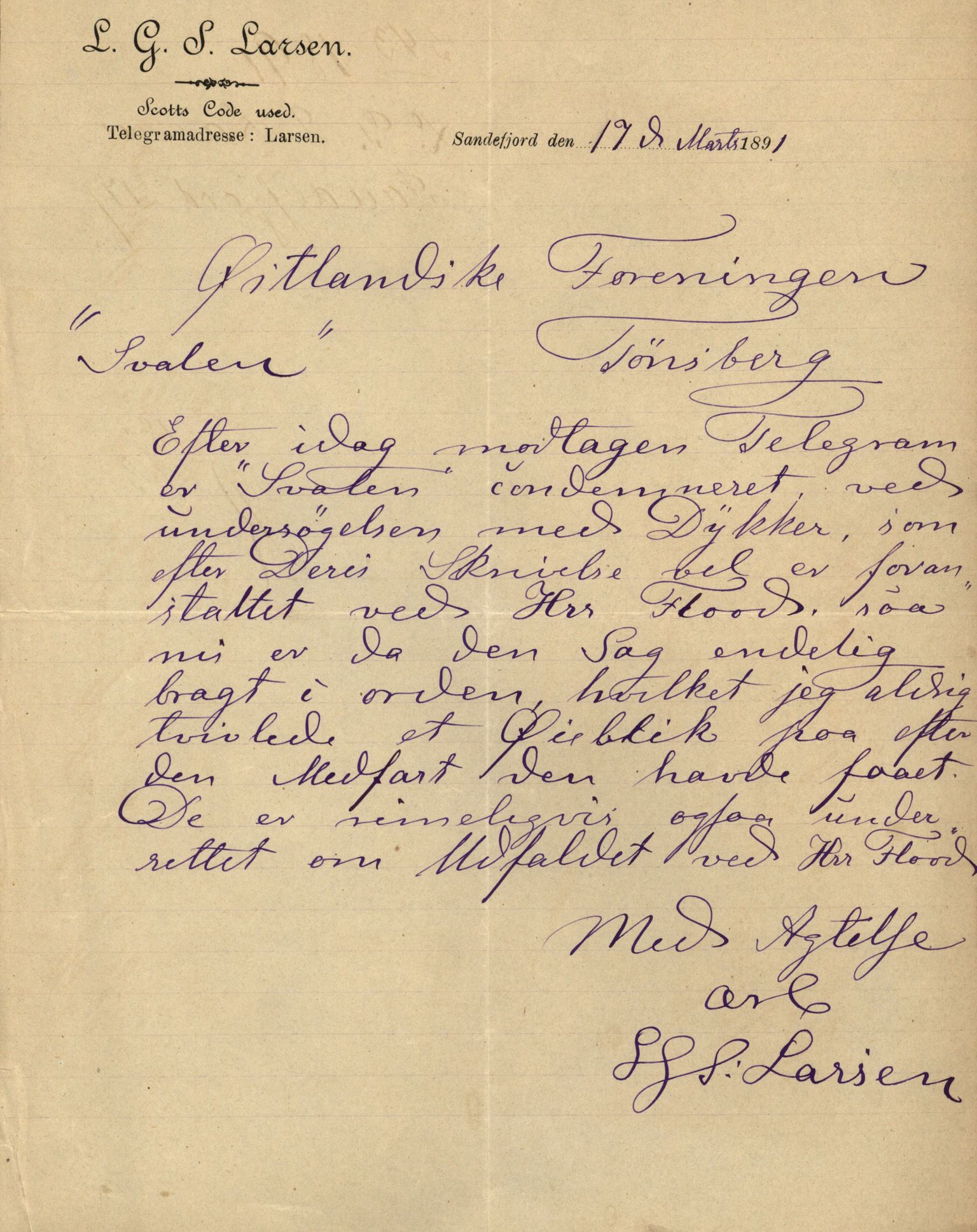 Pa 63 - Østlandske skibsassuranceforening, VEMU/A-1079/G/Ga/L0027/0006: Havaridokumenter / Union, Trio, Einar, Eidsvold, Emma, Svalen, 1891, p. 66