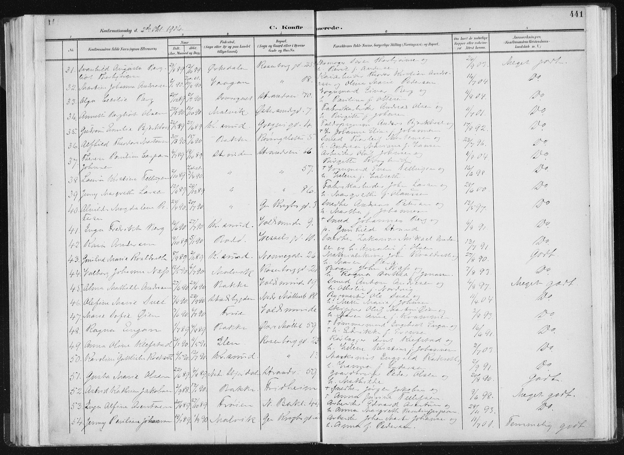 Ministerialprotokoller, klokkerbøker og fødselsregistre - Sør-Trøndelag, AV/SAT-A-1456/604/L0200: Parish register (official) no. 604A20II, 1901-1908, p. 441