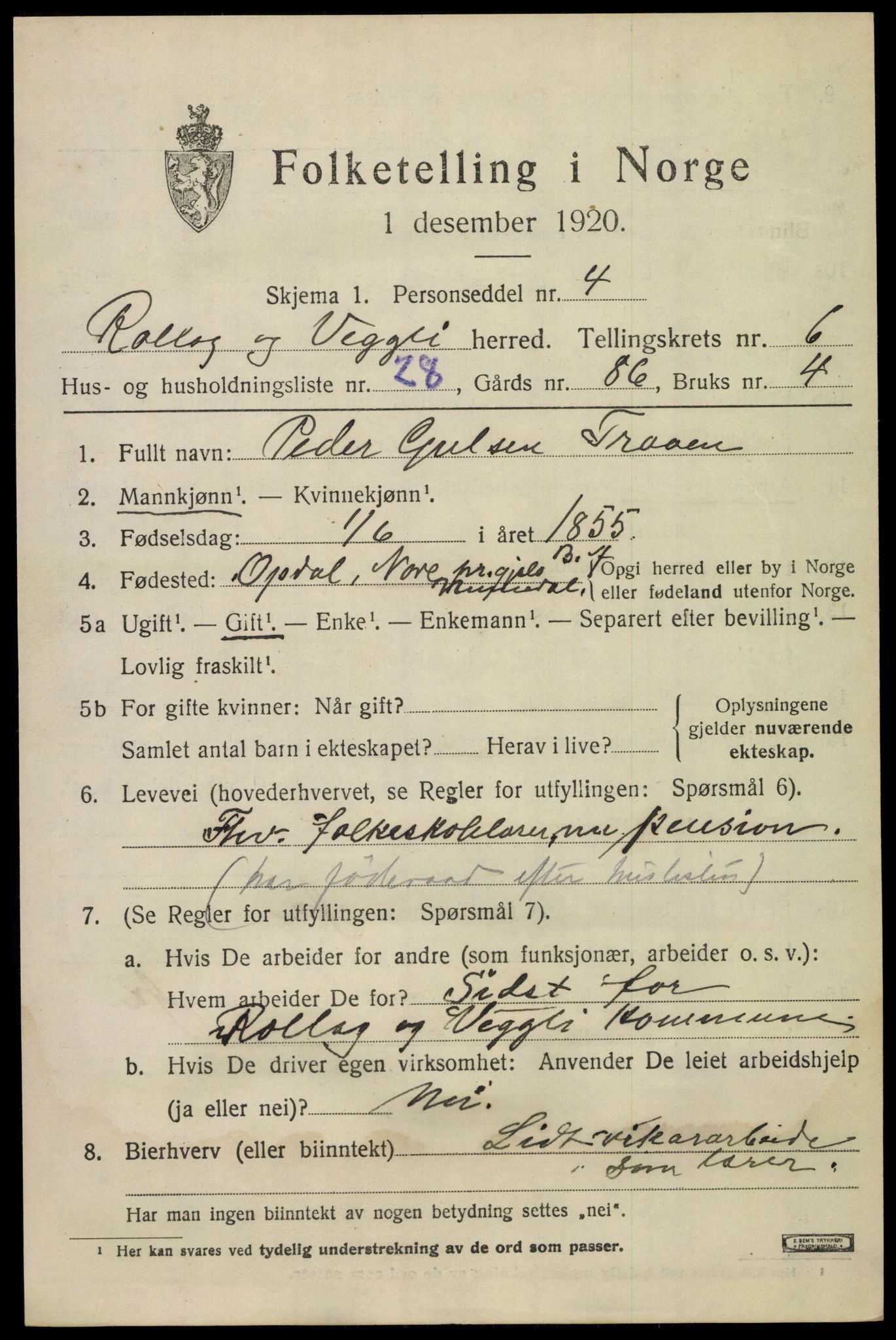 SAKO, 1920 census for Rollag, 1920, p. 2486