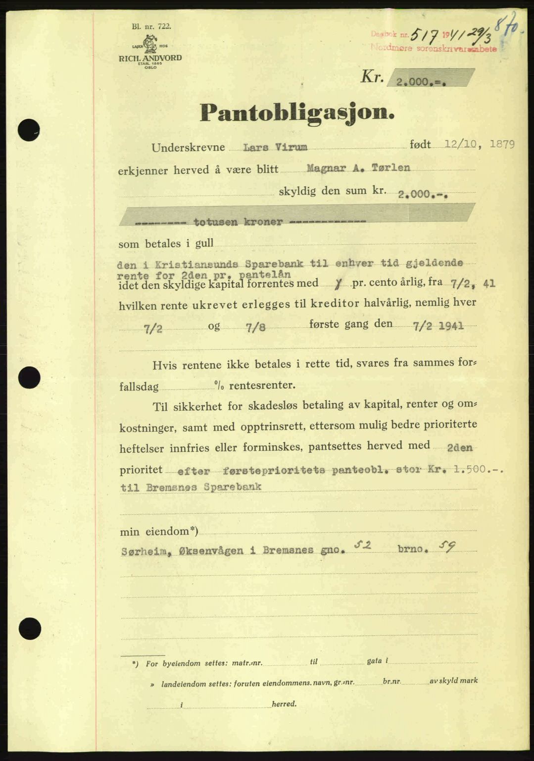 Nordmøre sorenskriveri, AV/SAT-A-4132/1/2/2Ca: Mortgage book no. B87, 1940-1941, Diary no: : 517/1941