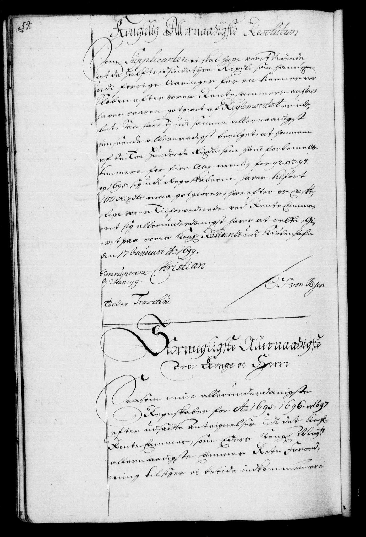 Rentekammeret, Kammerkanselliet, RA/EA-3111/G/Gf/Gfa/L0001: Resolusjonsprotokoll med register (merket RK 52.1), 1695-1706, p. 54