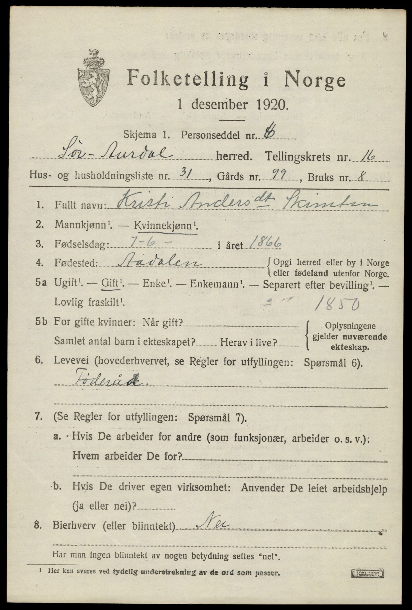 SAH, 1920 census for Sør-Aurdal, 1920, p. 9605