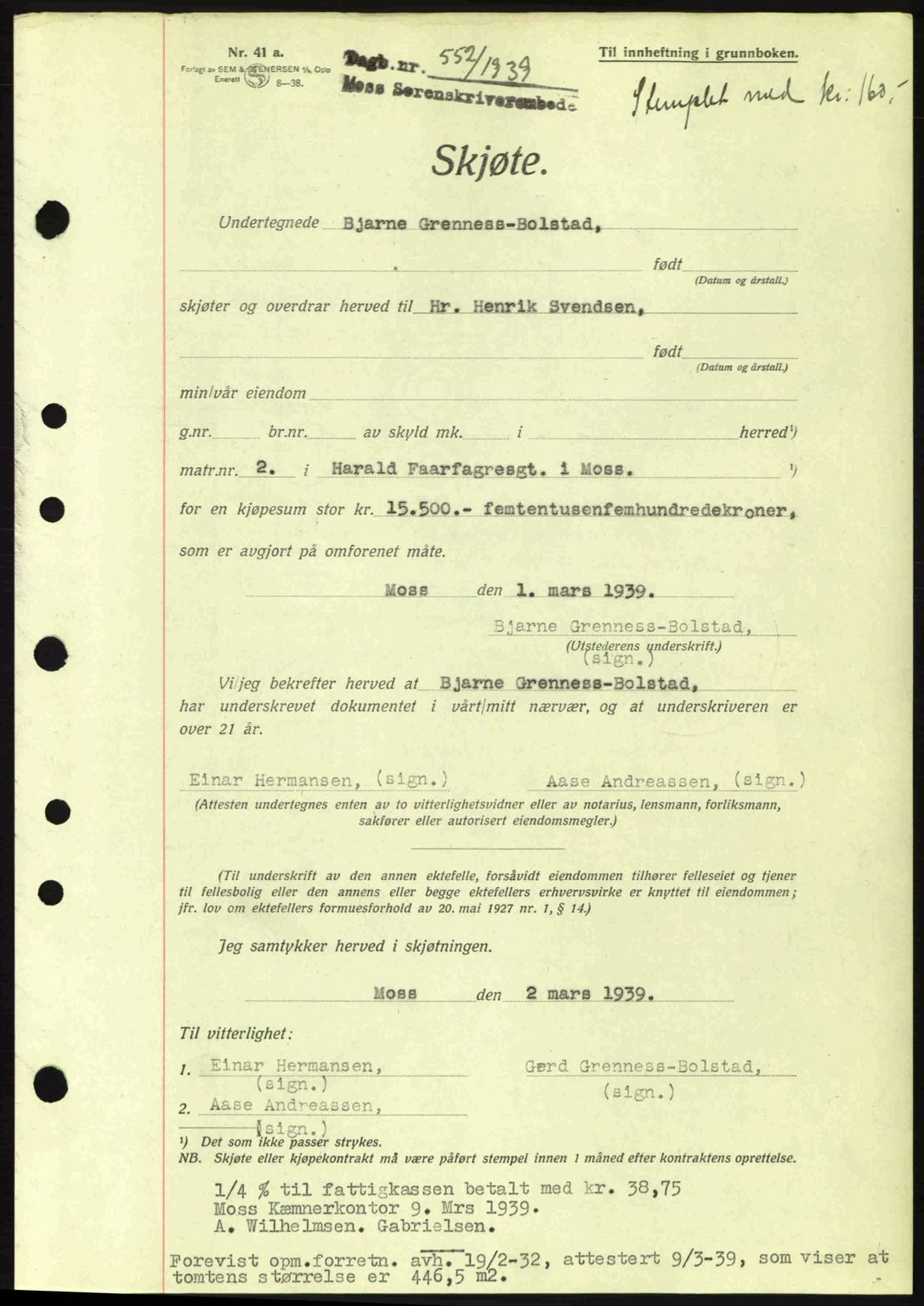 Moss sorenskriveri, SAO/A-10168: Mortgage book no. A5, 1938-1939, Diary no: : 552/1939