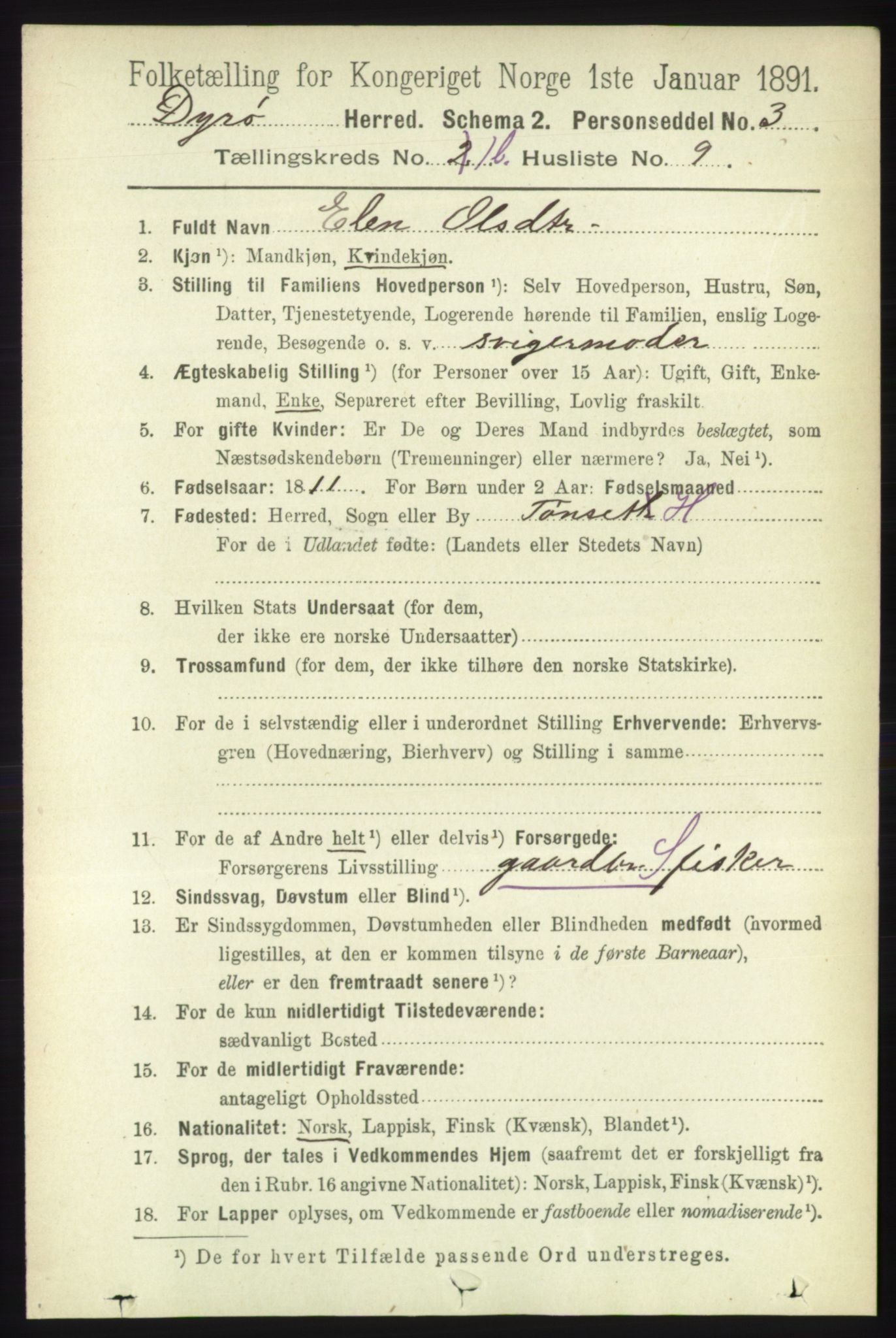 RA, 1891 census for 1926 Dyrøy, 1891, p. 446