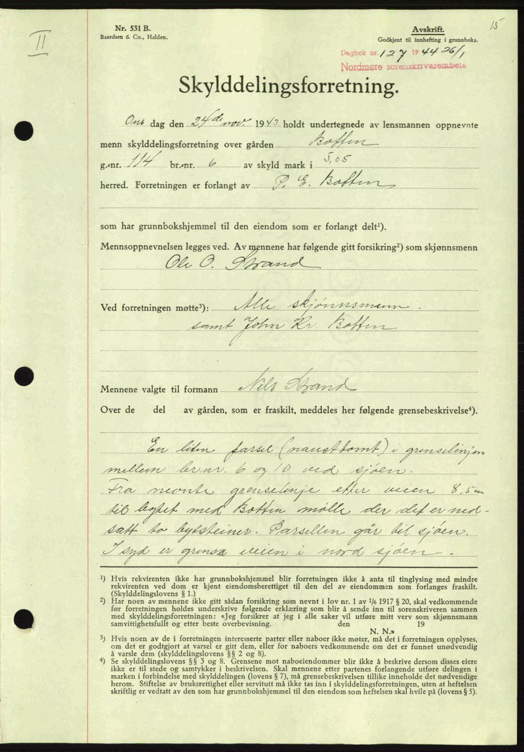 Nordmøre sorenskriveri, AV/SAT-A-4132/1/2/2Ca: Mortgage book no. A97, 1944-1944, Diary no: : 127/1944