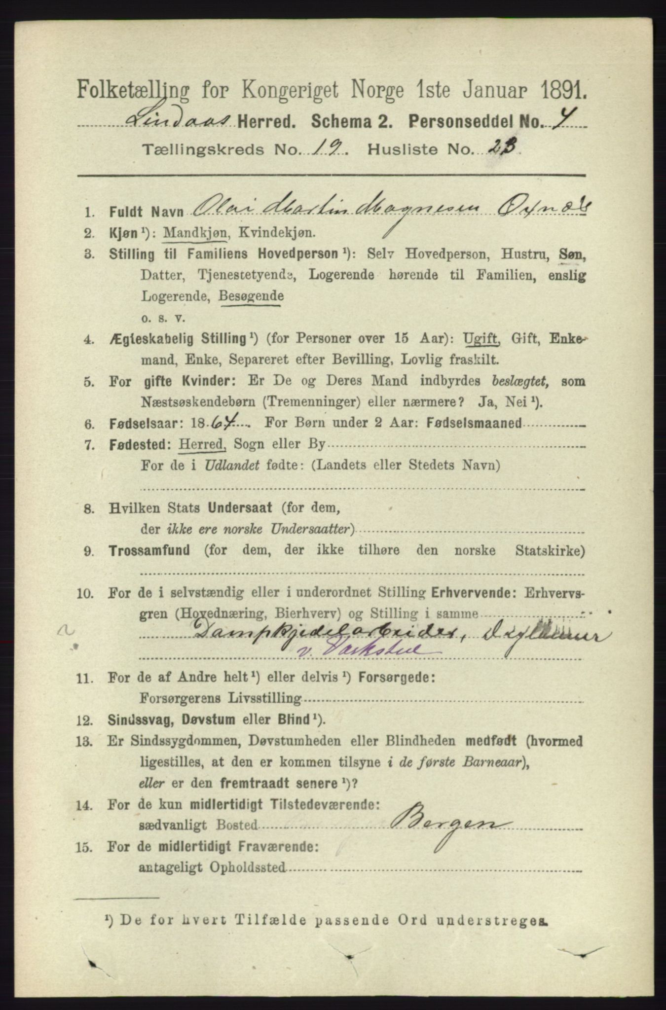 RA, 1891 census for 1263 Lindås, 1891, p. 7078