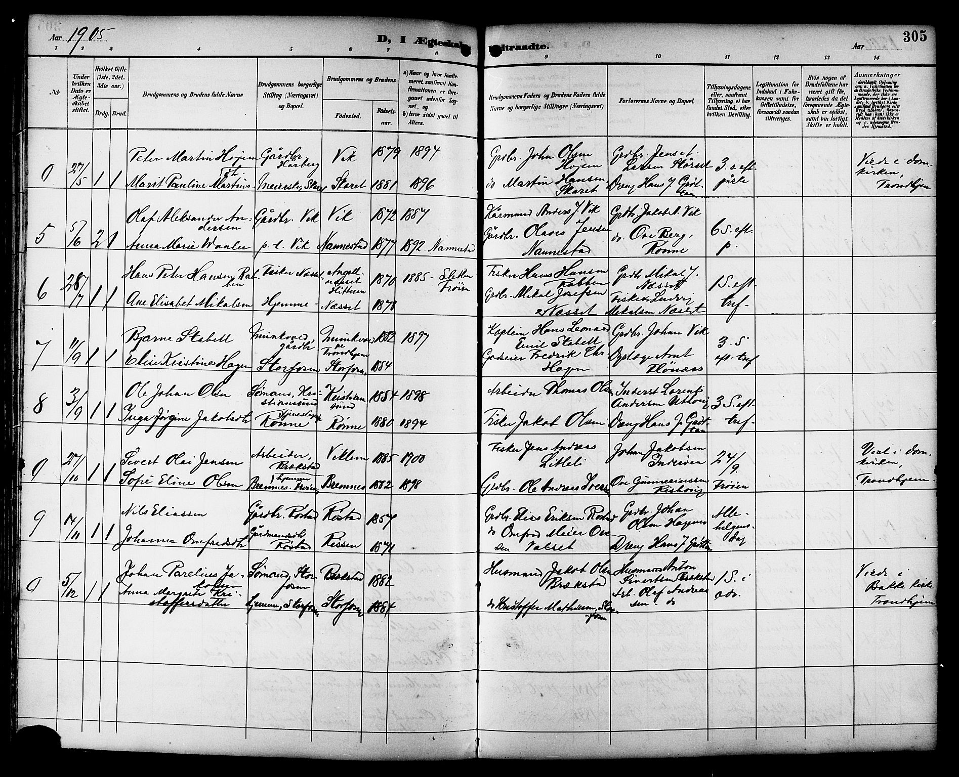 Ministerialprotokoller, klokkerbøker og fødselsregistre - Sør-Trøndelag, SAT/A-1456/659/L0746: Parish register (copy) no. 659C03, 1893-1912, p. 305