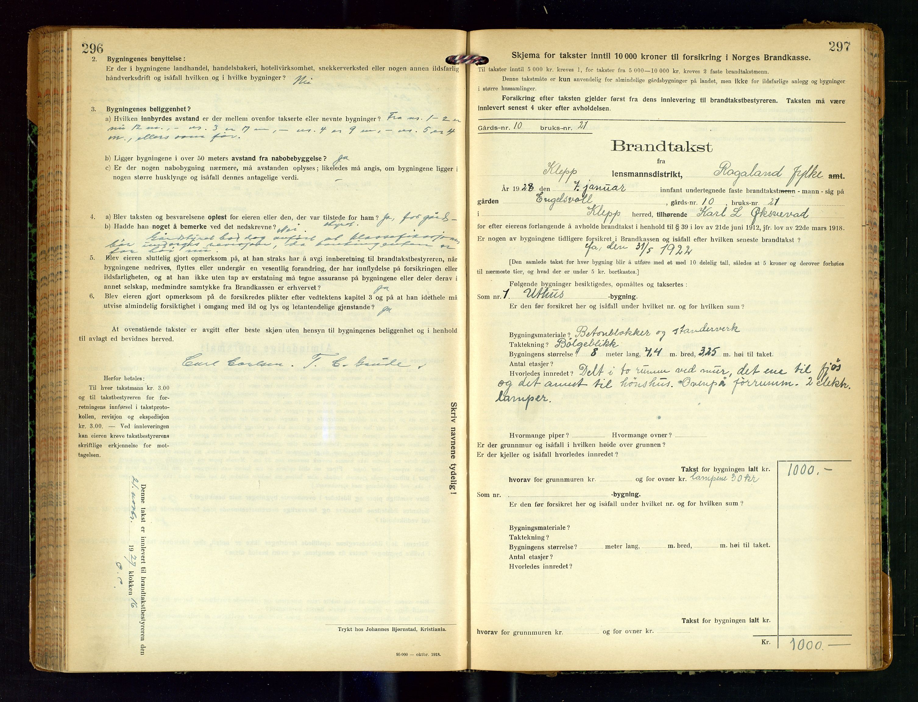 Klepp lensmannskontor, SAST/A-100163/Goc/L0011: "Brandtakstprotokoll" m/register, 1924-1929, p. 296-297