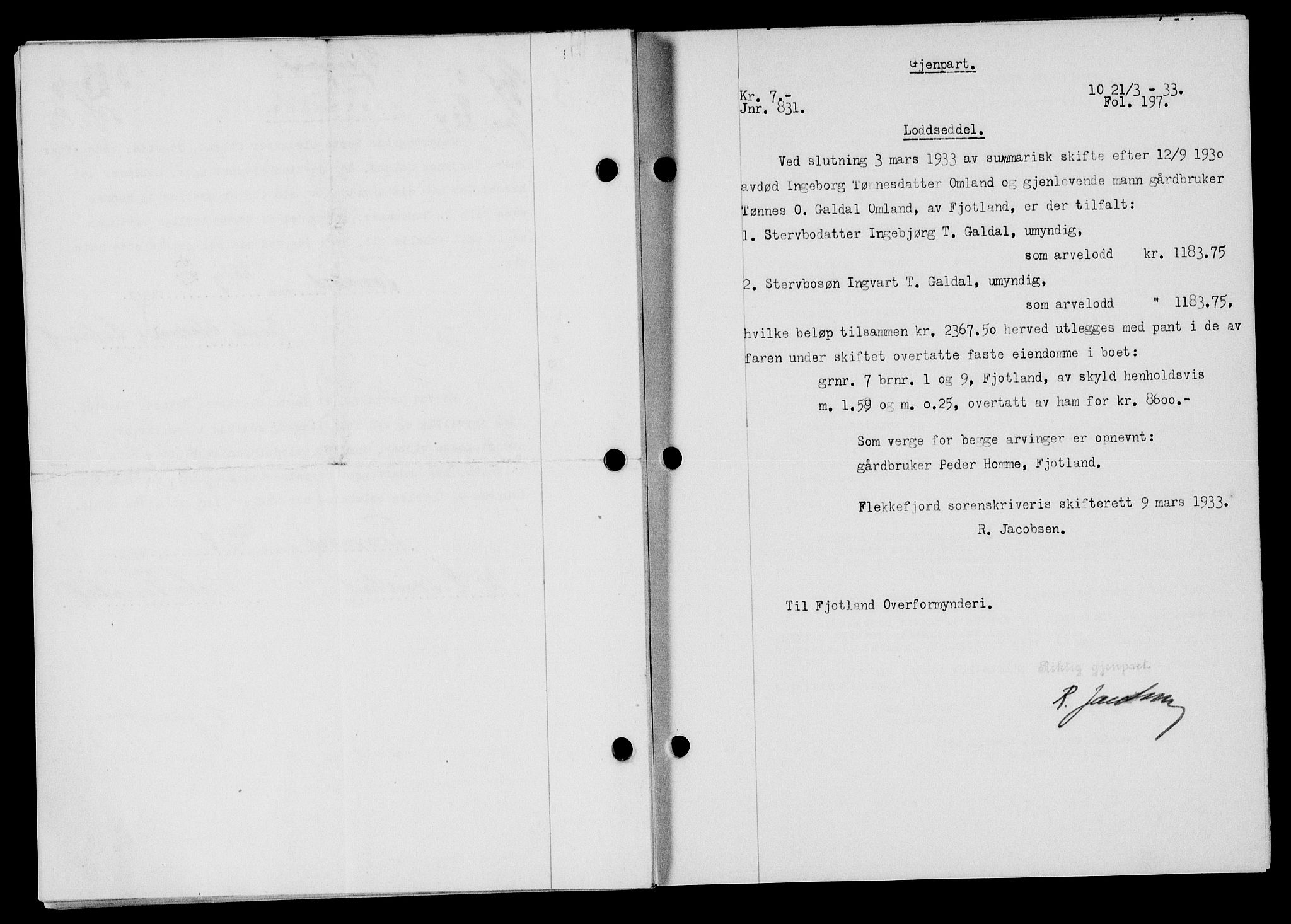 Flekkefjord sorenskriveri, SAK/1221-0001/G/Gb/Gba/L0049: Mortgage book no. 46, 1933-1934, Deed date: 21.03.1933