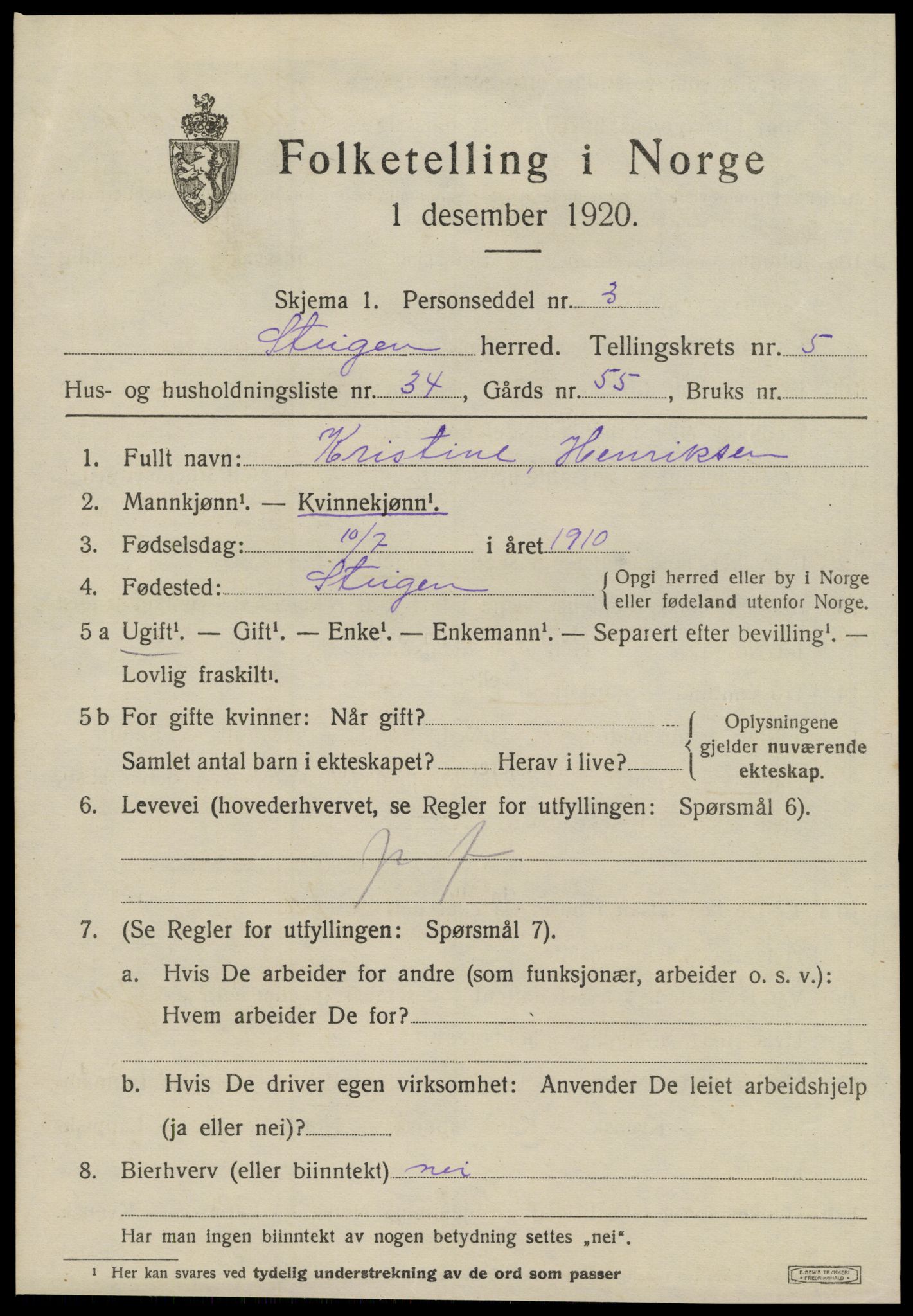 SAT, 1920 census for Steigen, 1920, p. 2342