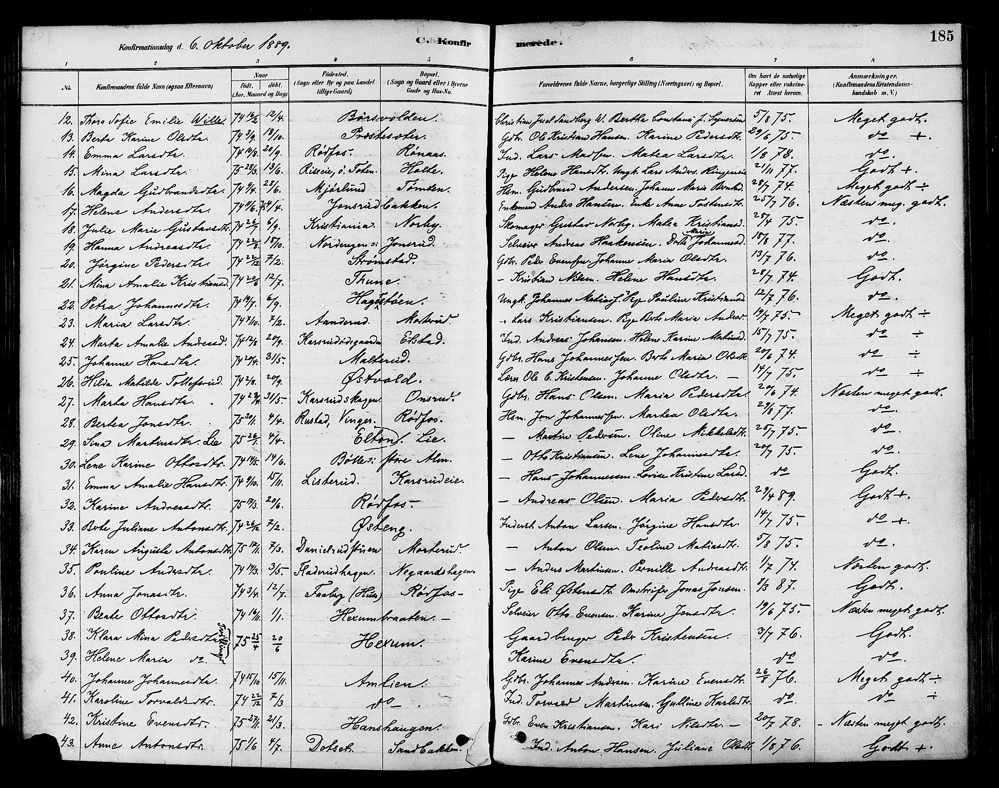 Vestre Toten prestekontor, SAH/PREST-108/H/Ha/Haa/L0009: Parish register (official) no. 9, 1878-1894, p. 185