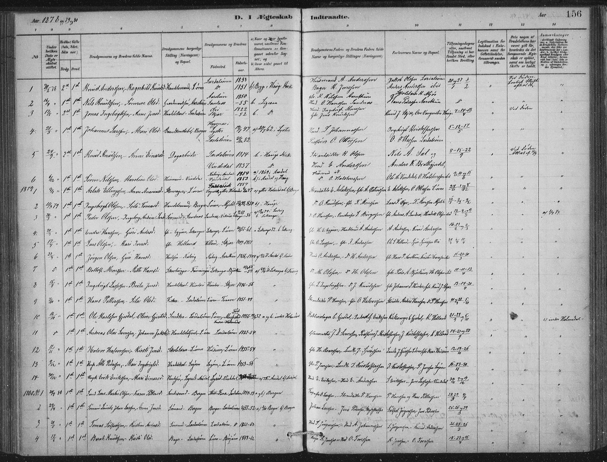 Lærdal sokneprestembete, SAB/A-81201: Parish register (official) no. D  1, 1878-1908, p. 156