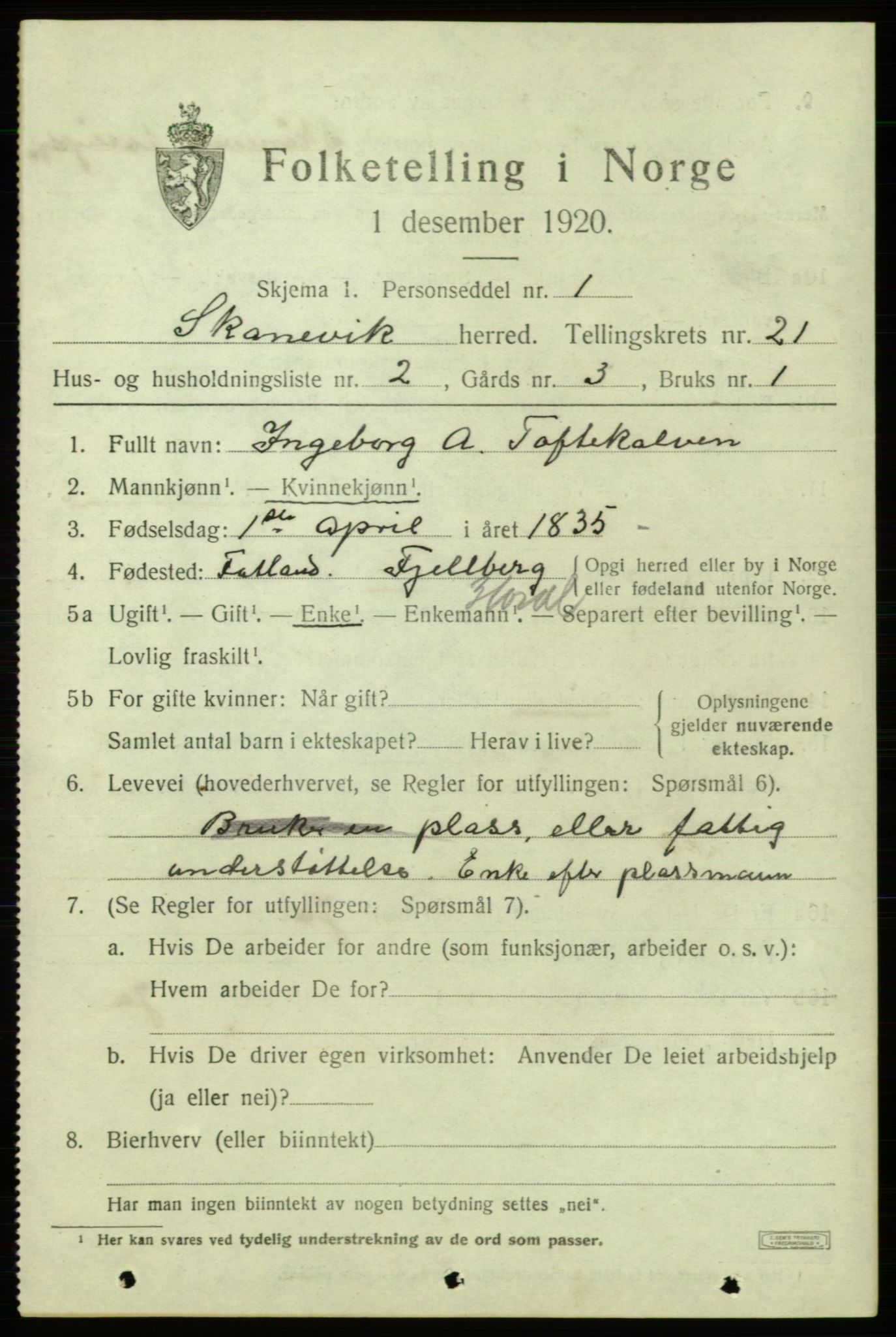 SAB, 1920 census for Skånevik, 1920, p. 7779