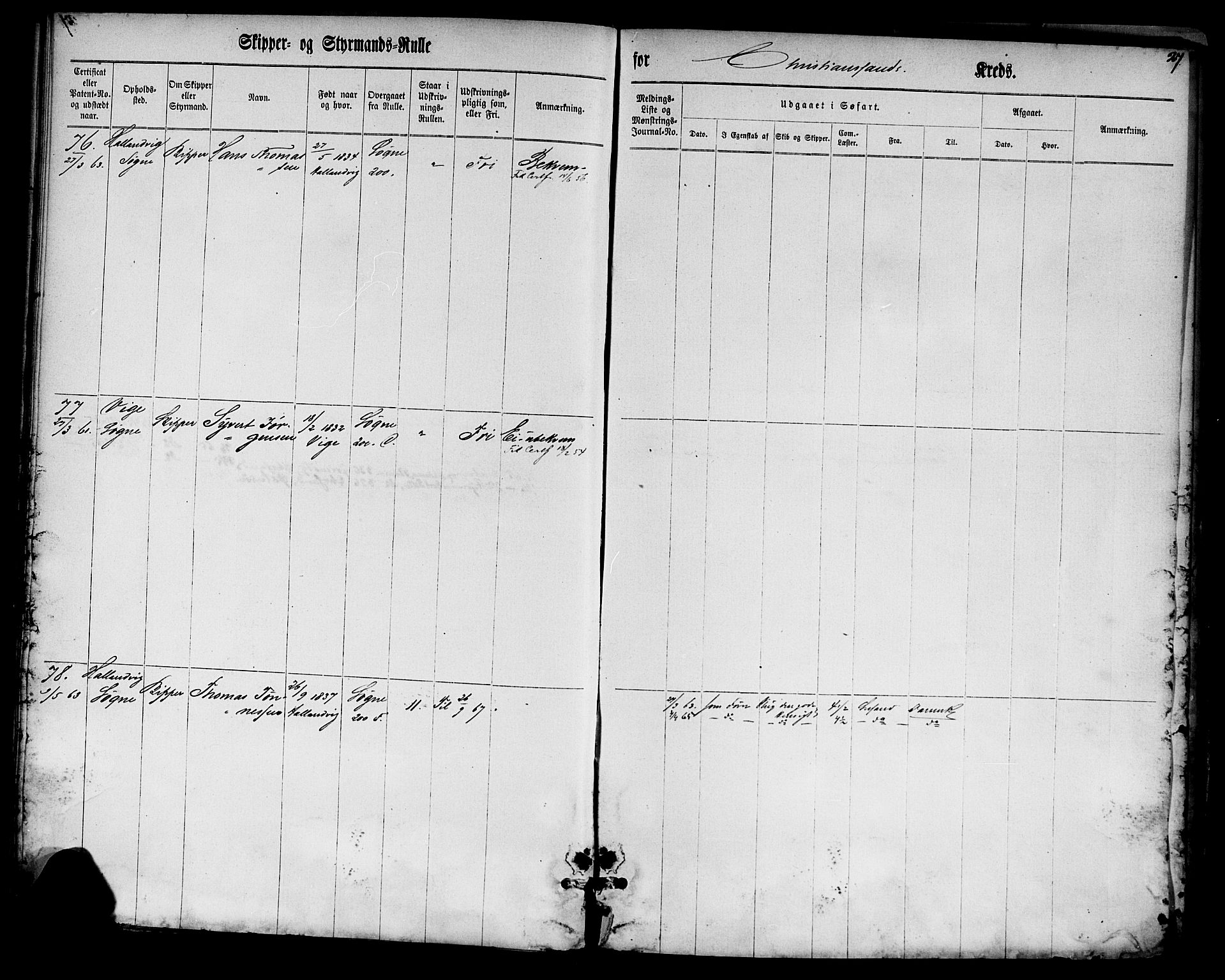 Kristiansand mønstringskrets, SAK/2031-0015/F/Fc/L0001: Skipper- og styrmannsrulle nr 1-288, med register, K-1, 1860-1870, p. 39