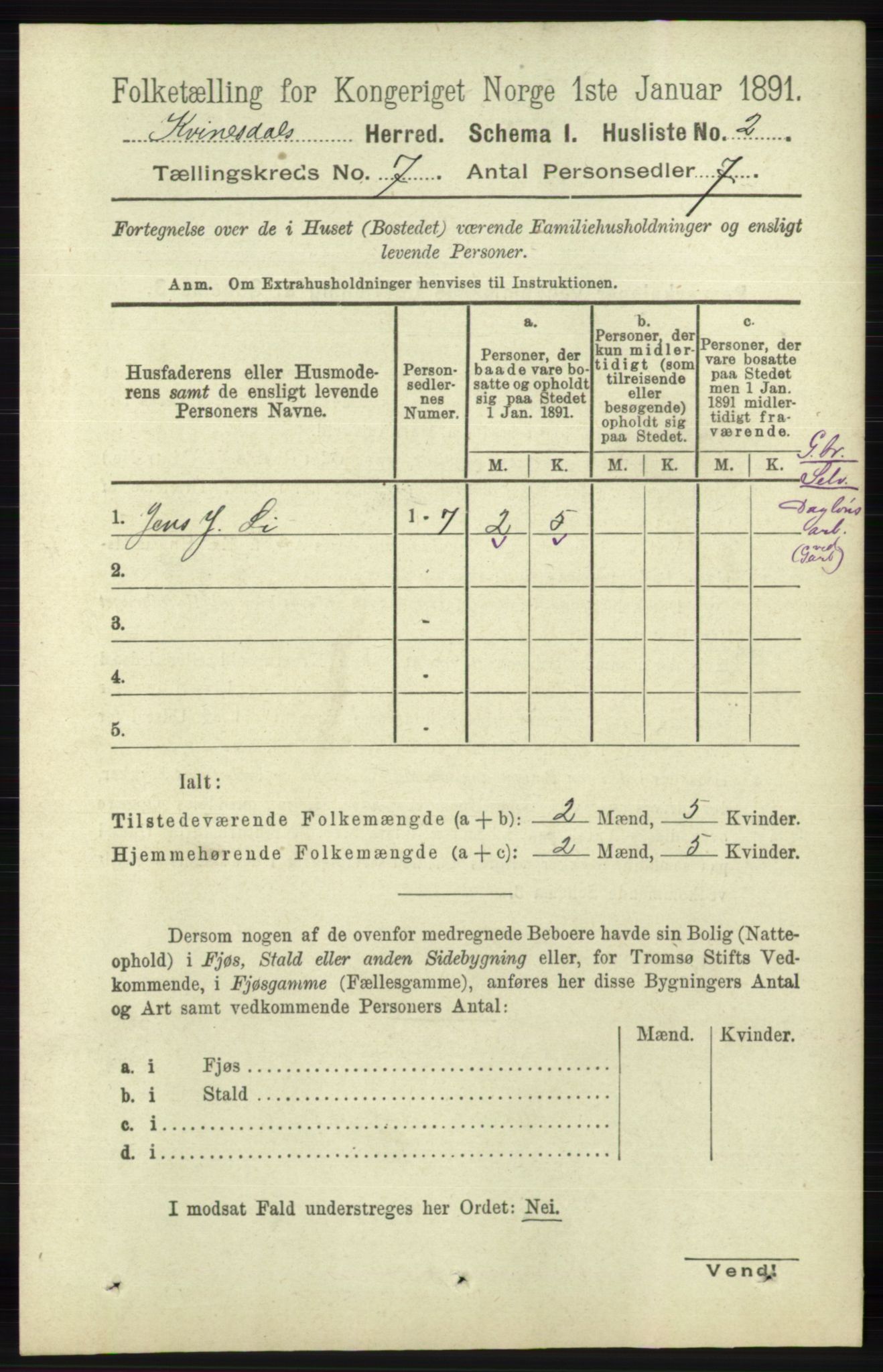 RA, 1891 census for 1037 Kvinesdal, 1891, p. 2377