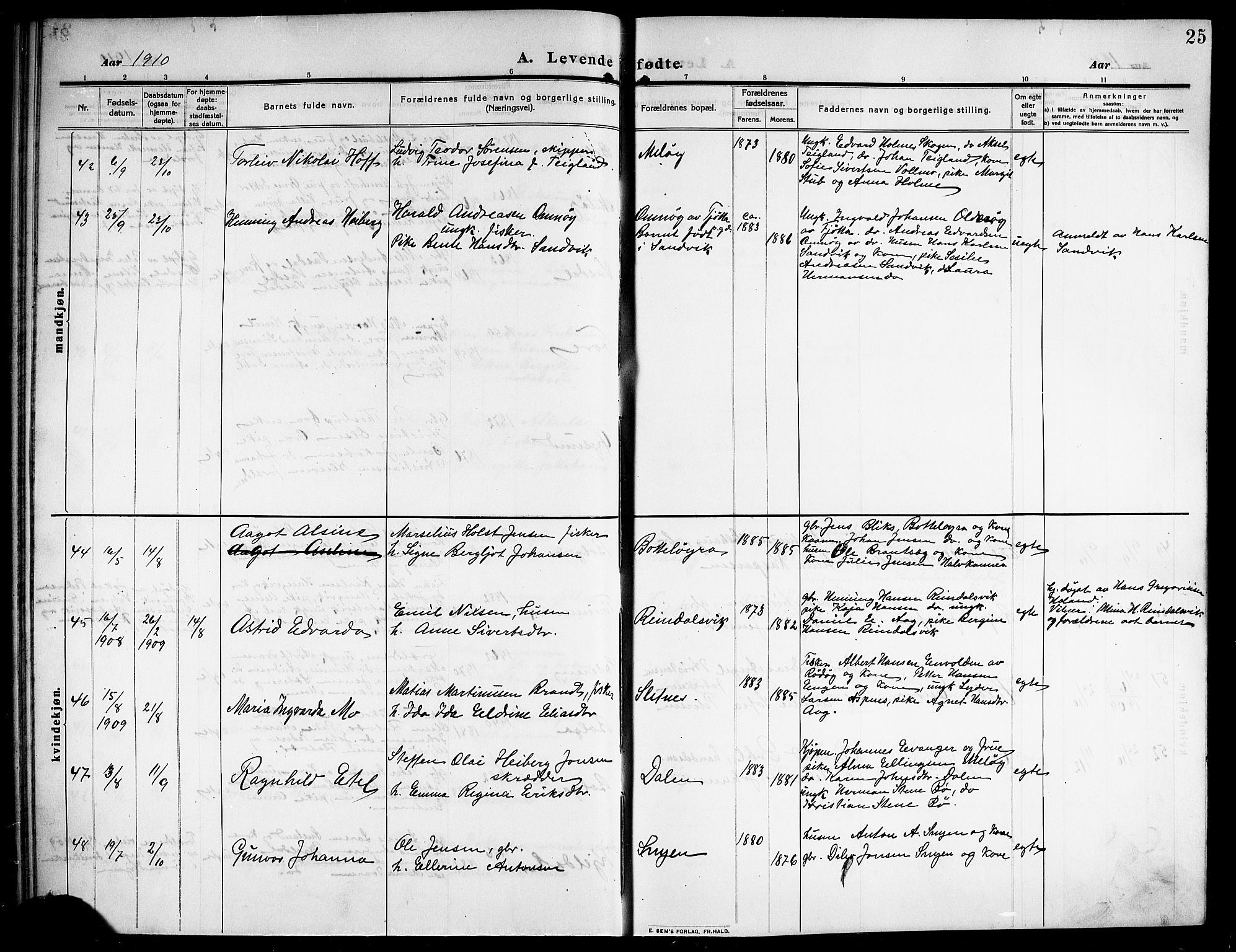 Ministerialprotokoller, klokkerbøker og fødselsregistre - Nordland, AV/SAT-A-1459/843/L0639: Parish register (copy) no. 843C08, 1908-1924, p. 25