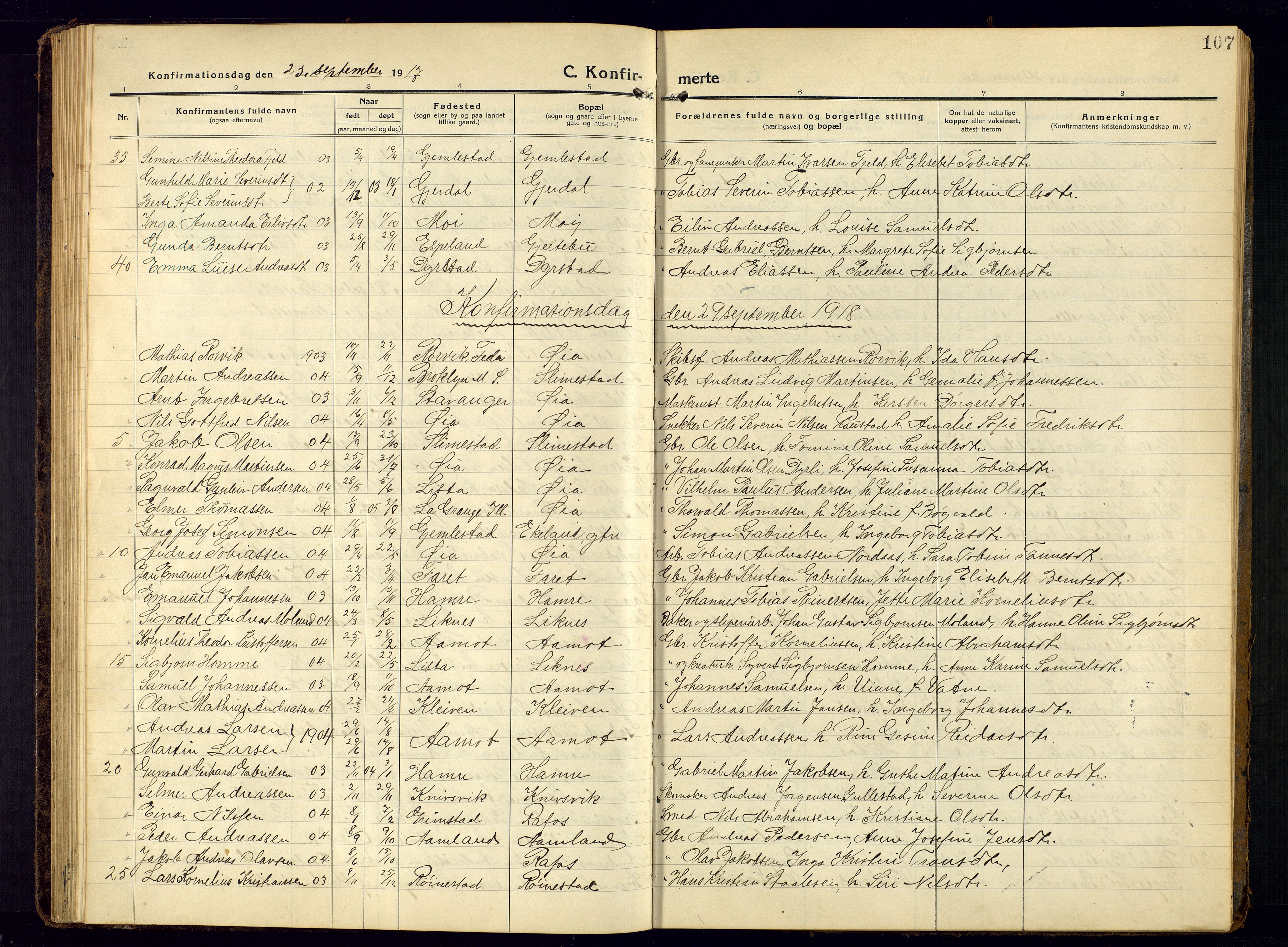 Kvinesdal sokneprestkontor, SAK/1111-0026/F/Fb/Fbb/L0004: Parish register (copy) no. B 4, 1917-1938, p. 107