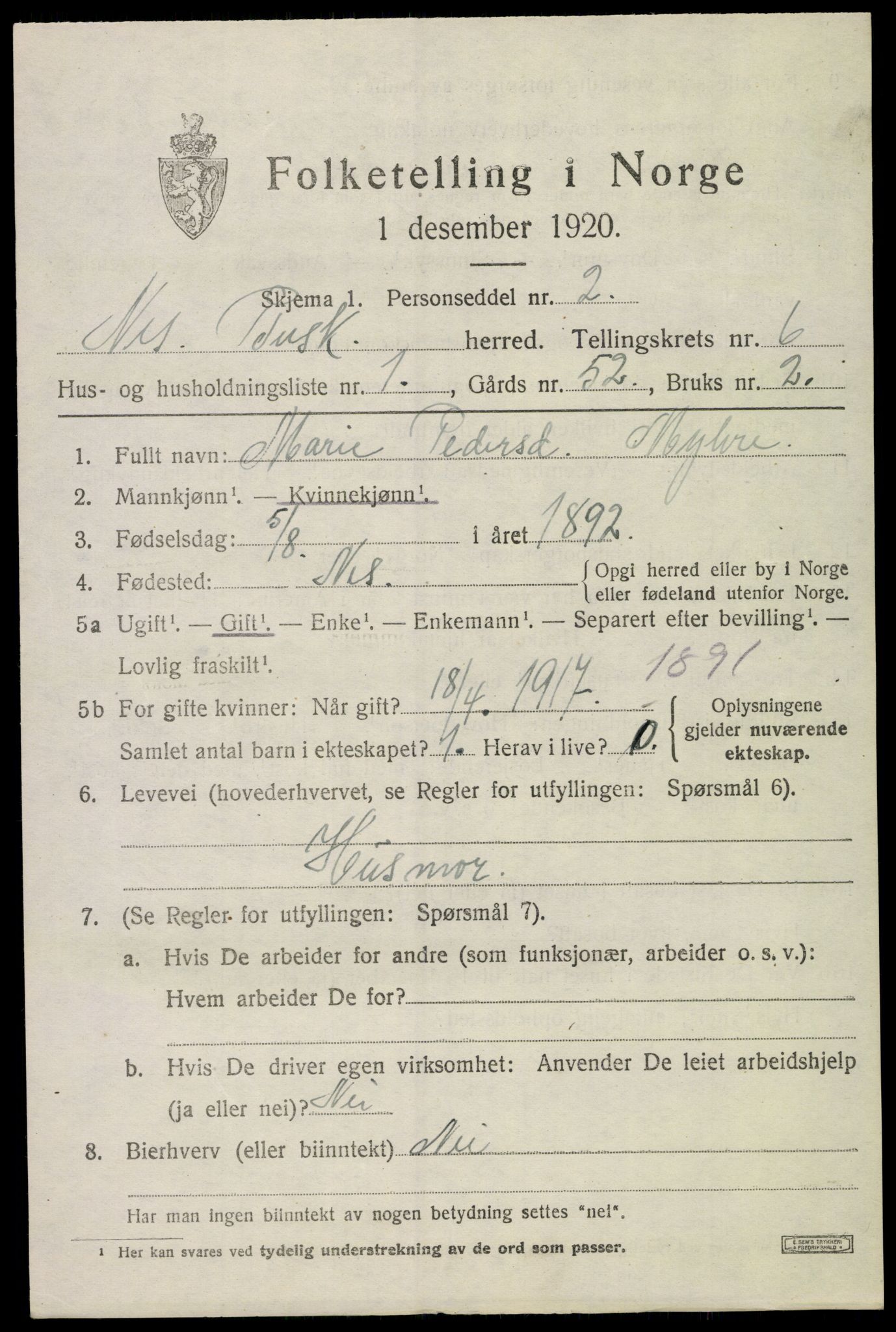 SAKO, 1920 census for Nes (Buskerud), 1920, p. 3108