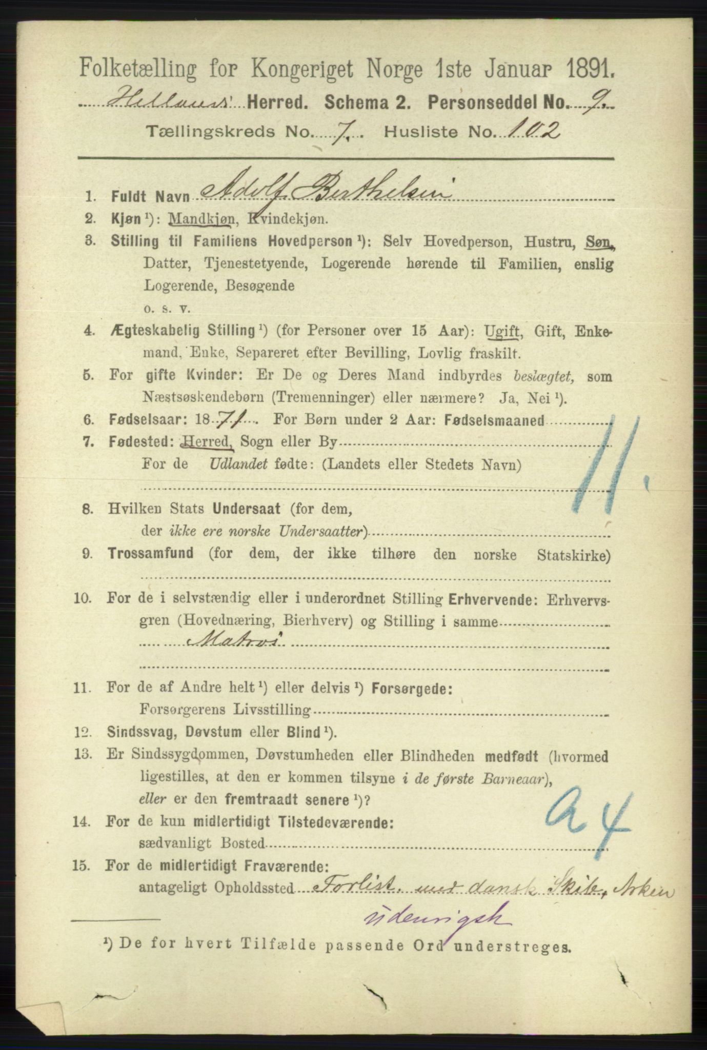 RA, 1891 census for 1126 Hetland, 1891, p. 4344