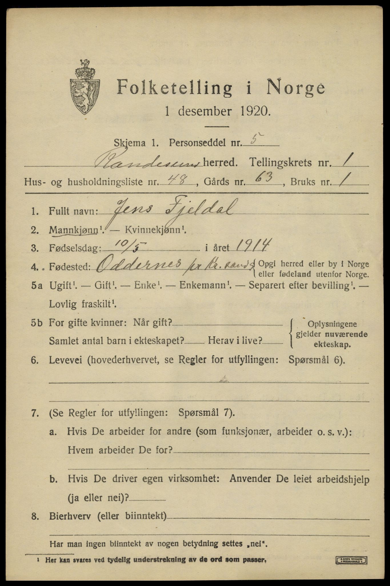 SAK, 1920 census for Randesund, 1920, p. 1054