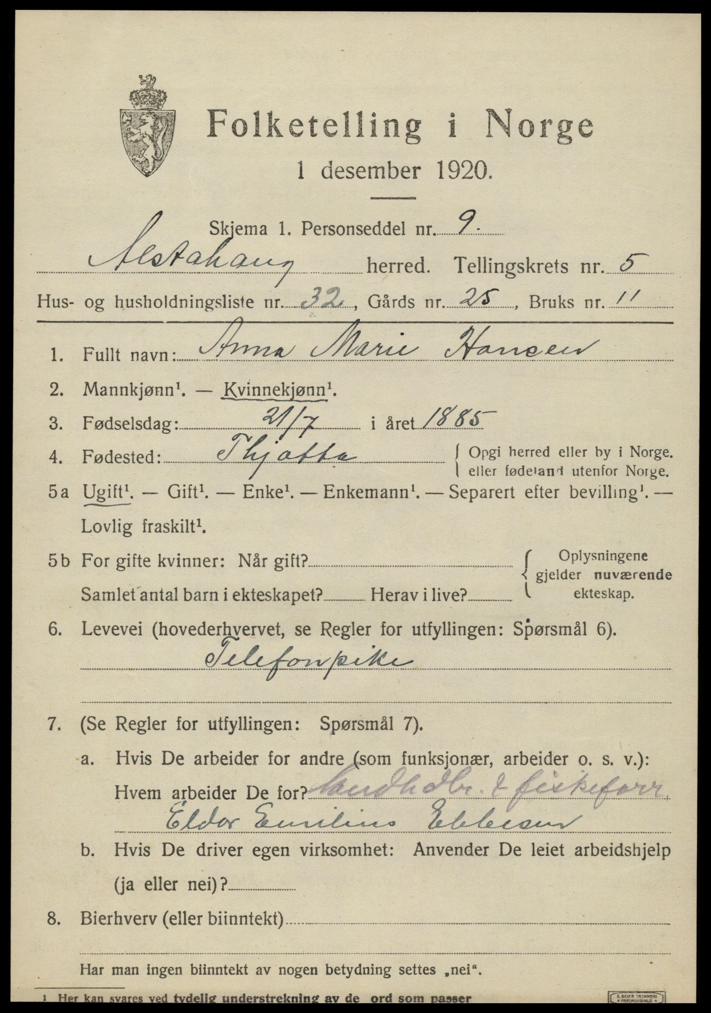 SAT, 1920 census for Alstahaug, 1920, p. 3253