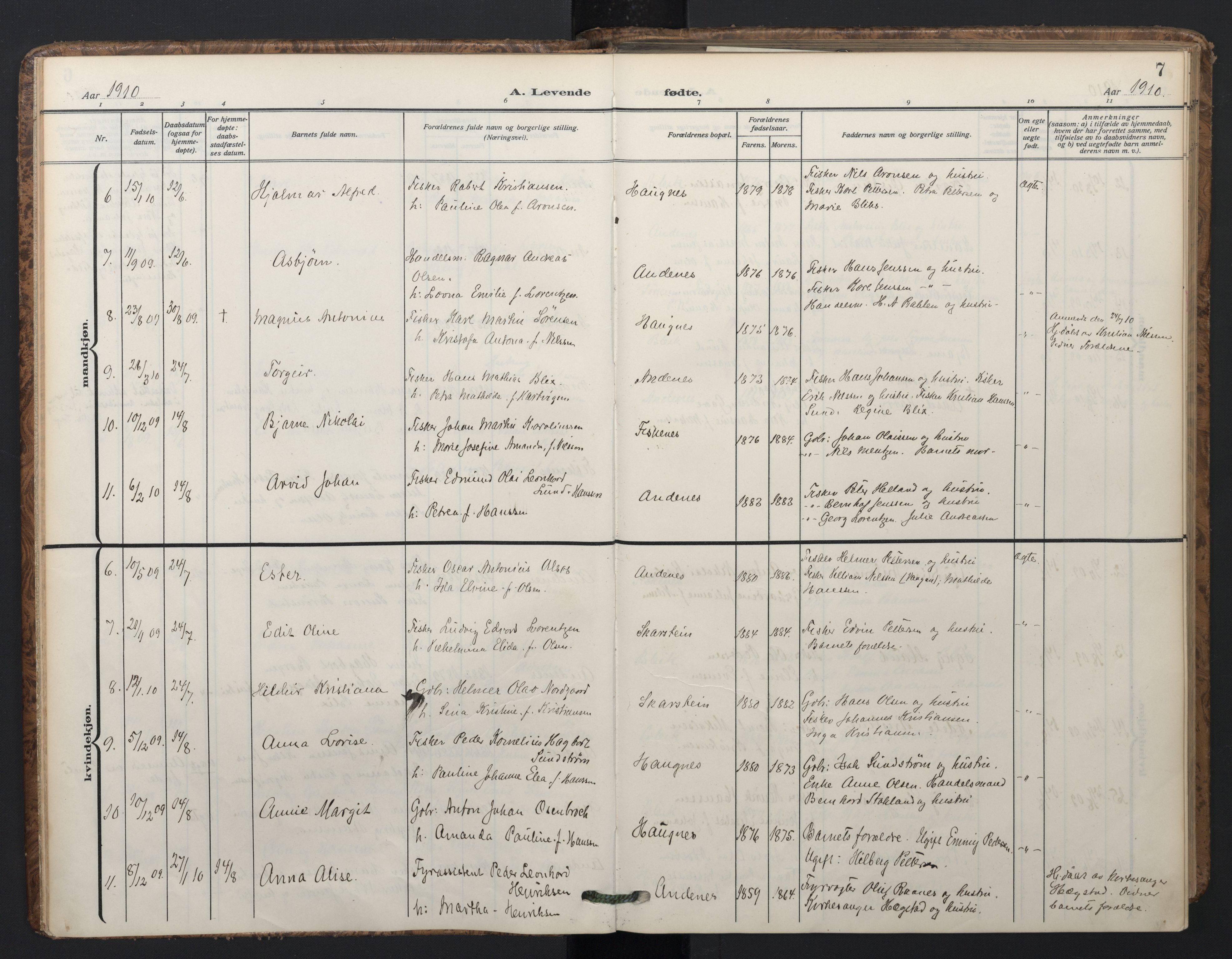 Ministerialprotokoller, klokkerbøker og fødselsregistre - Nordland, SAT/A-1459/899/L1438: Parish register (official) no. 899A06, 1909-1922, p. 7