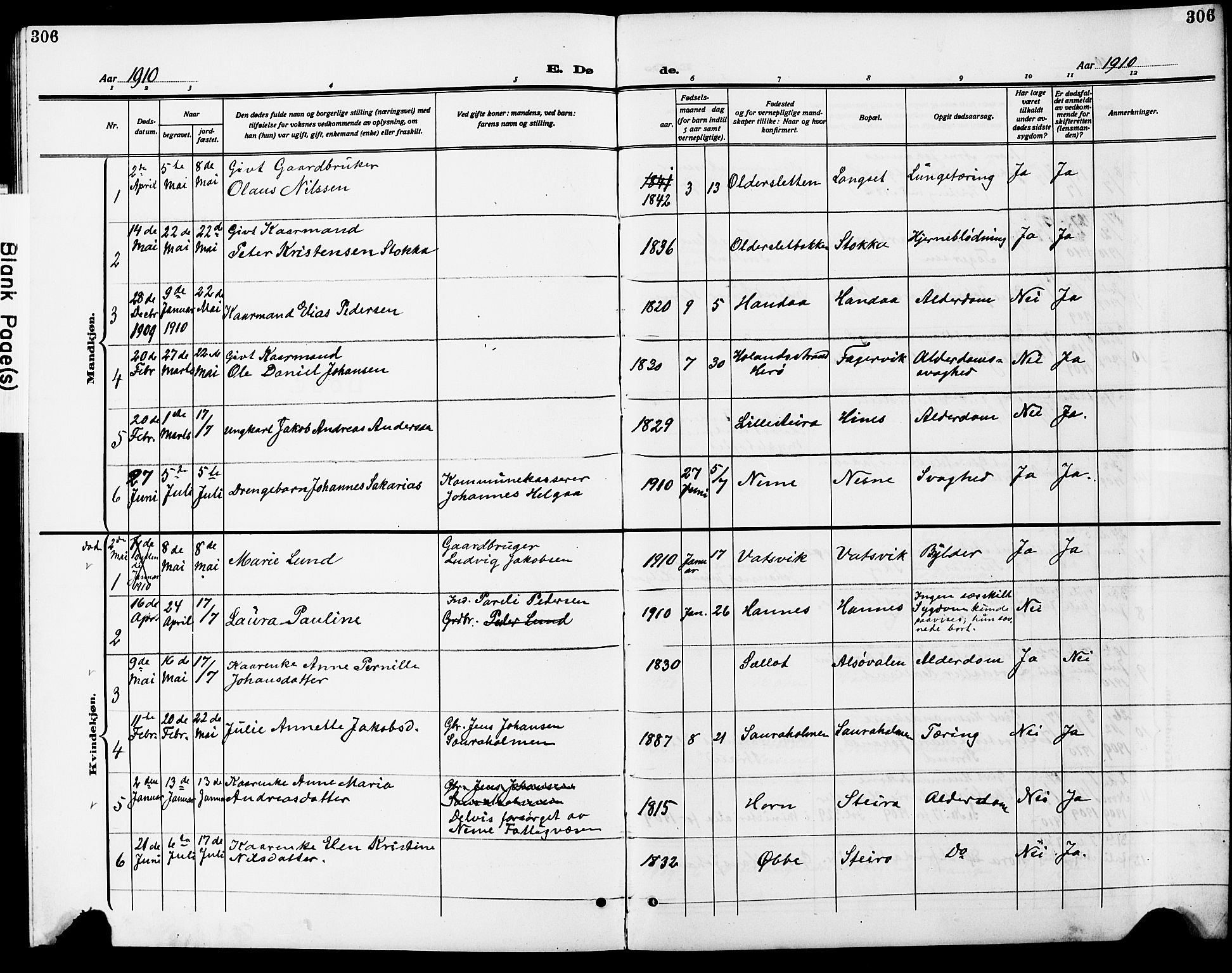 Ministerialprotokoller, klokkerbøker og fødselsregistre - Nordland, SAT/A-1459/838/L0560: Parish register (copy) no. 838C07, 1910-1928, p. 306