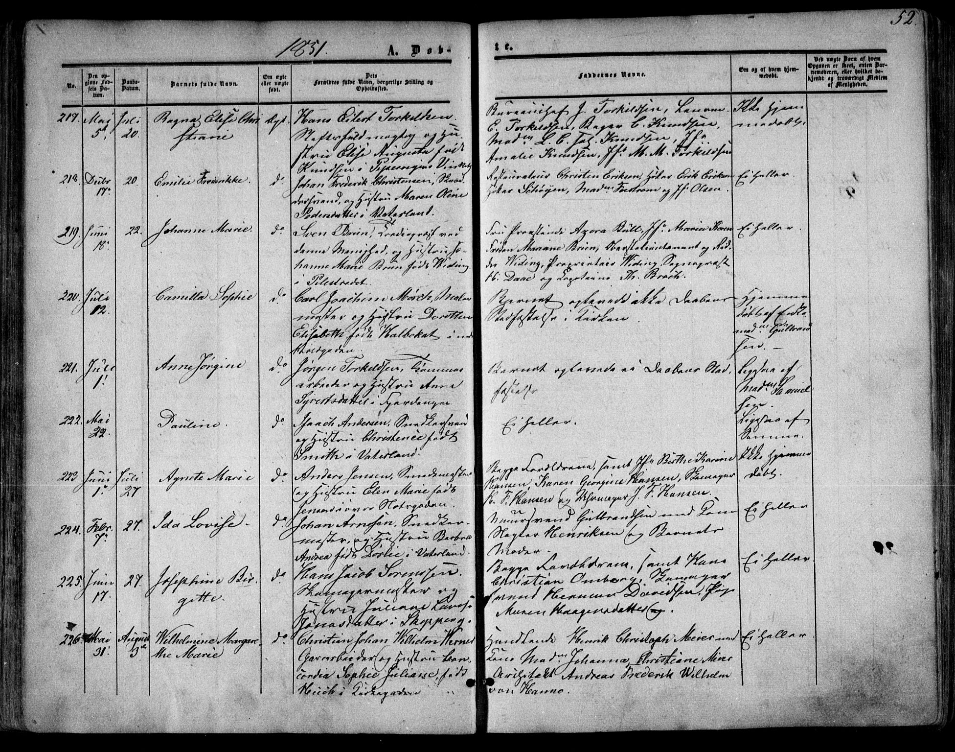 Oslo domkirke Kirkebøker, AV/SAO-A-10752/F/Fa/L0014: Parish register (official) no. 14, 1850-1857, p. 52