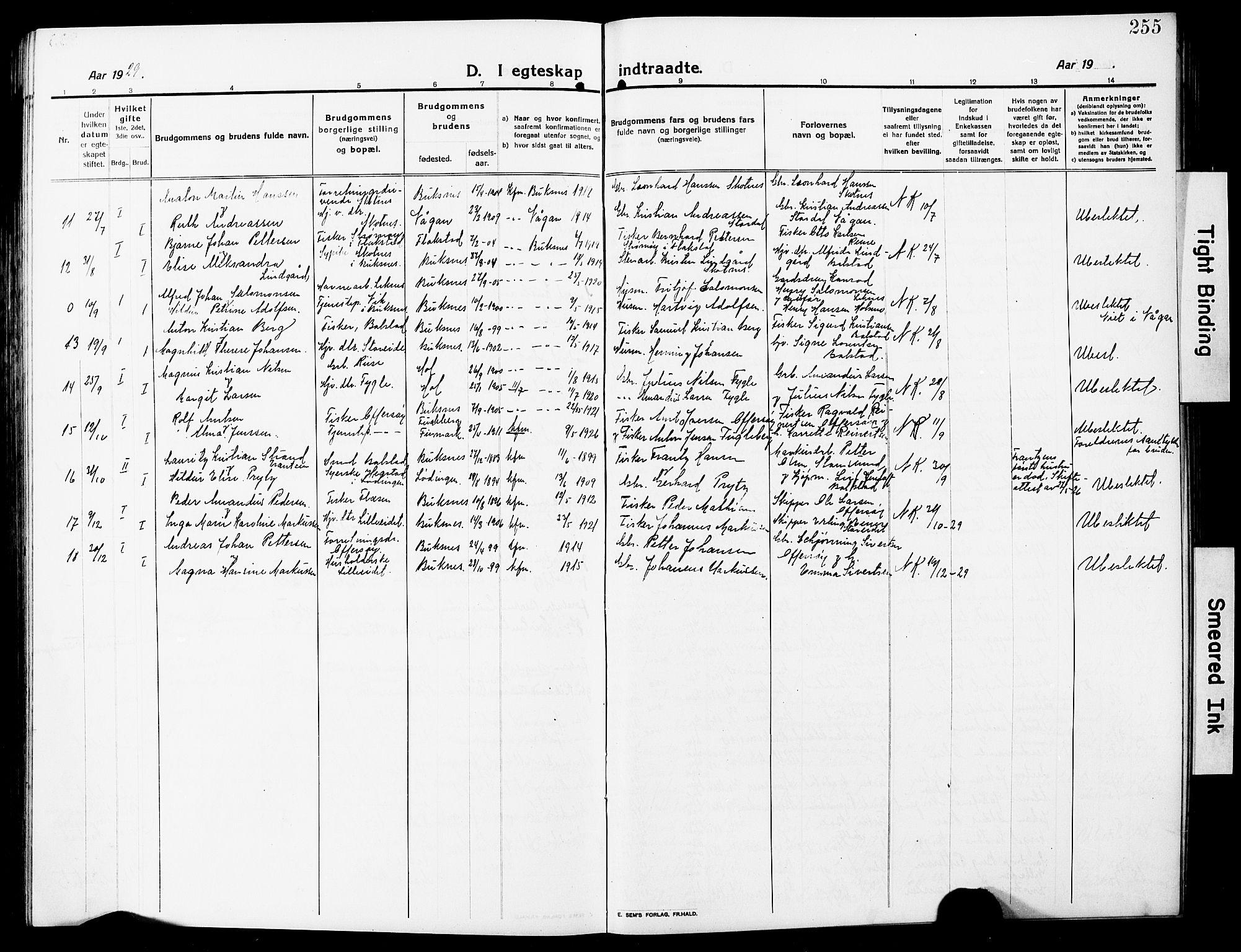 Ministerialprotokoller, klokkerbøker og fødselsregistre - Nordland, AV/SAT-A-1459/881/L1169: Parish register (copy) no. 881C06, 1912-1930, p. 255