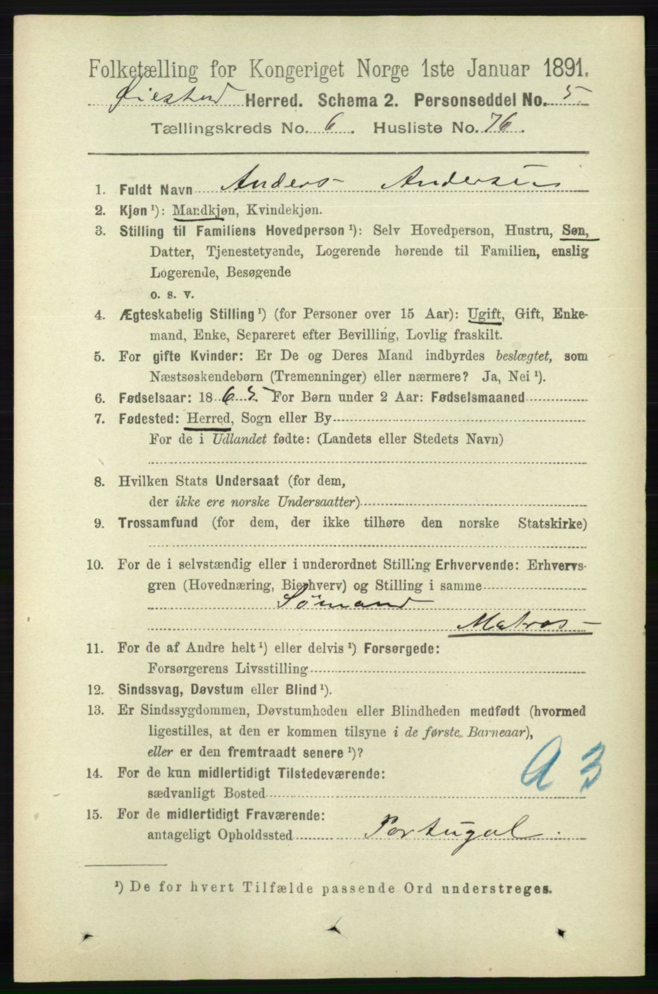 RA, 1891 census for 0920 Øyestad, 1891, p. 2559