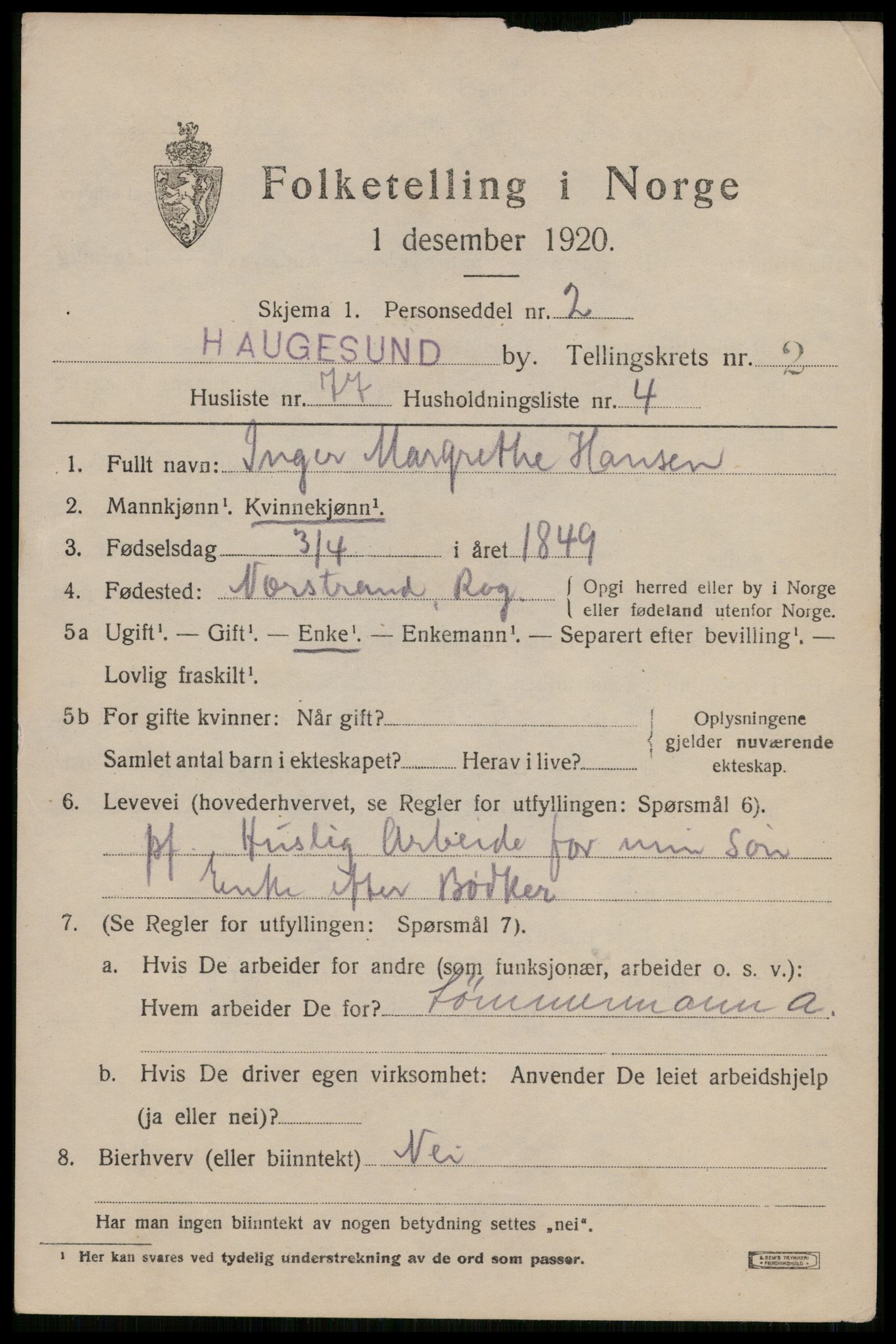 SAST, 1920 census for Haugesund, 1920, p. 14345