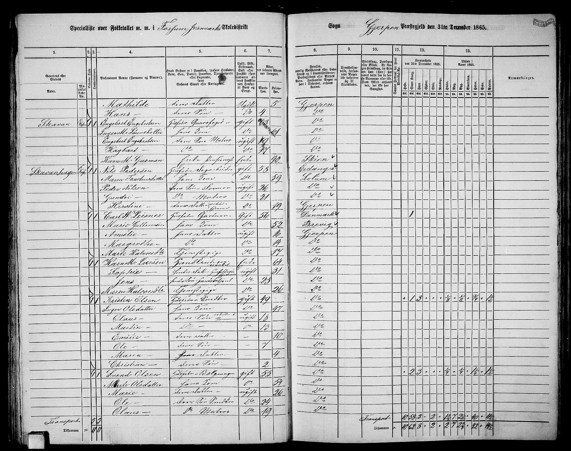 RA, 1865 census for Gjerpen, 1865, p. 43