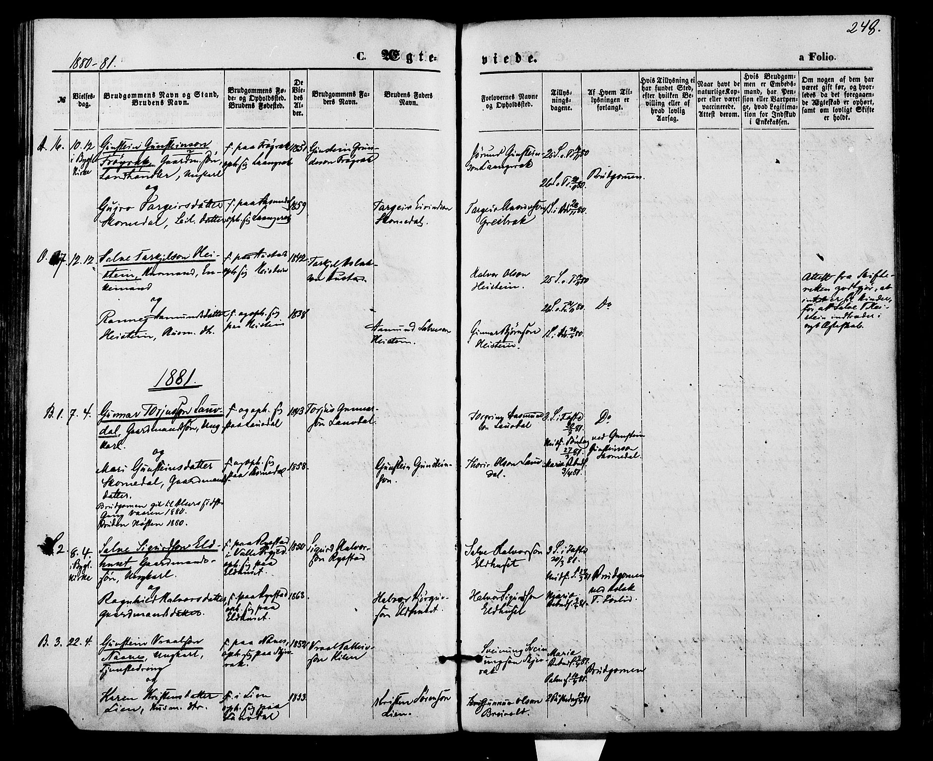 Bygland sokneprestkontor, SAK/1111-0006/F/Fa/Fab/L0006: Parish register (official) no. A 6, 1873-1884, p. 248